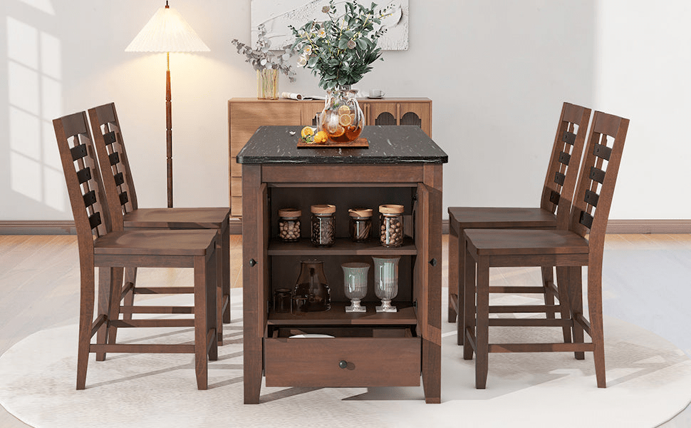 Counter Height 5 - piece Dining Table Set with Faux Marble Tabletop, Solid Wood Table Set with Storage Cabinet and Drawer, Dark walnut - CurtisJ Designs