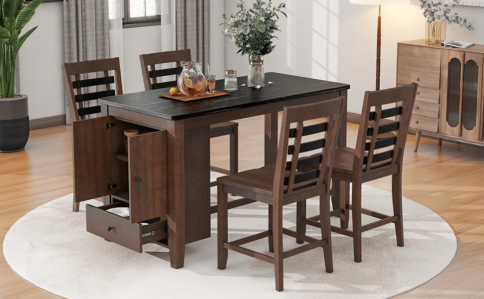 Counter Height 5 - piece Dining Table Set with Faux Marble Tabletop, Solid Wood Table Set with Storage Cabinet and Drawer, Dark walnut - CurtisJ Designs