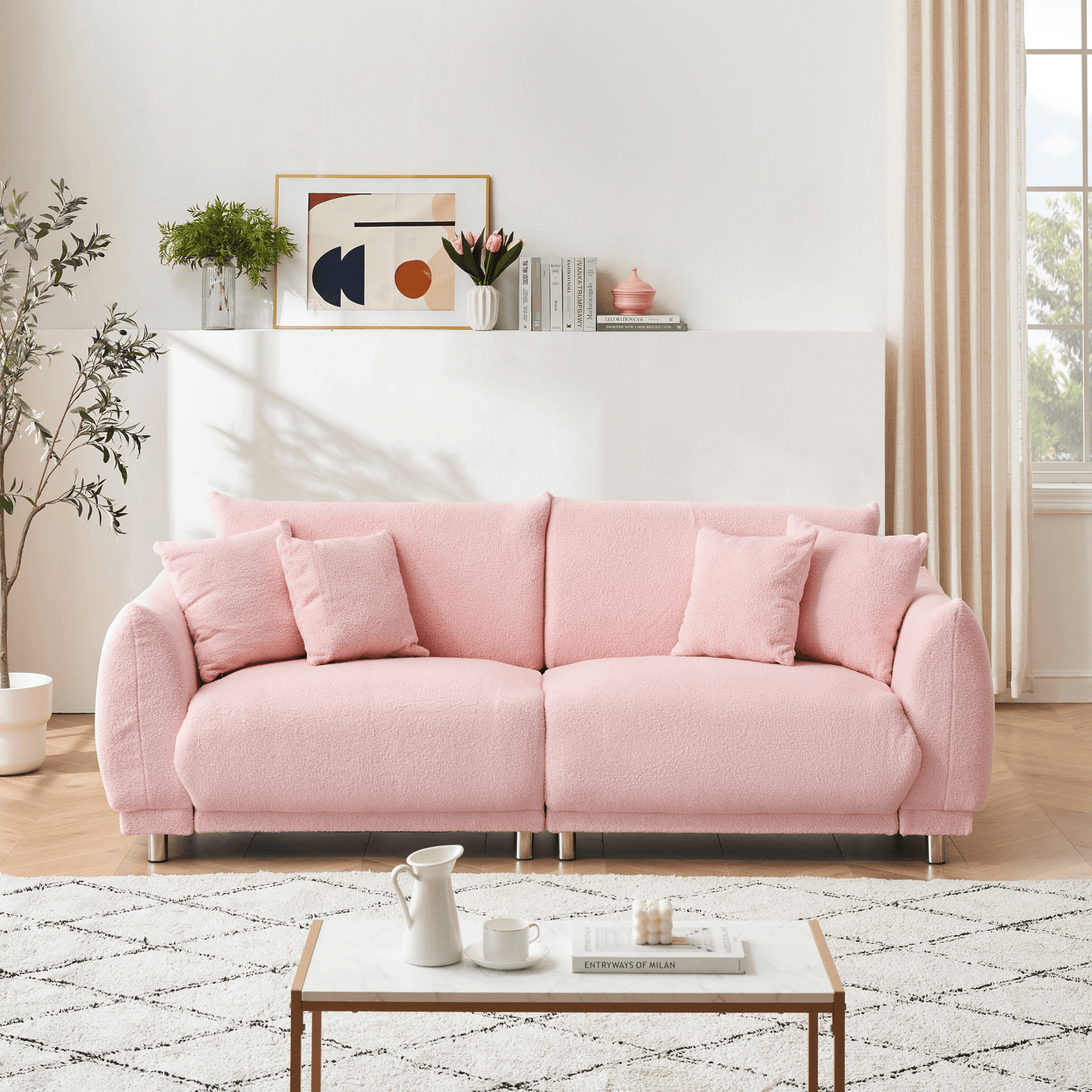 Cozy 86.6 Inch Teddy Fleece Pink Sofa - 4 Throw Pillows, Hardware Feet, Perfect for Compact Spaces - CurtisJ Designs