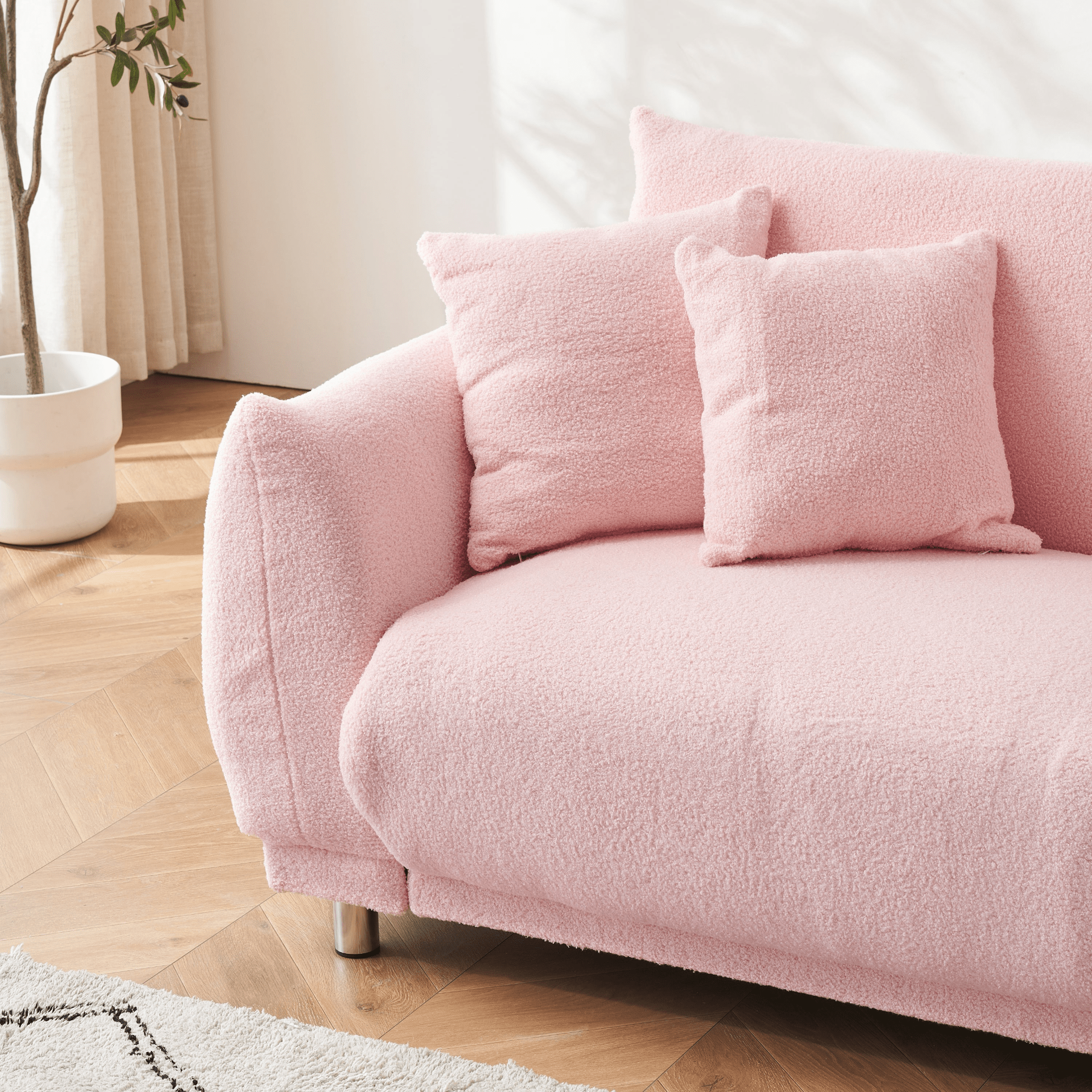 Cozy 86.6 Inch Teddy Fleece Pink Sofa - 4 Throw Pillows, Hardware Feet, Perfect for Compact Spaces - CurtisJ Designs