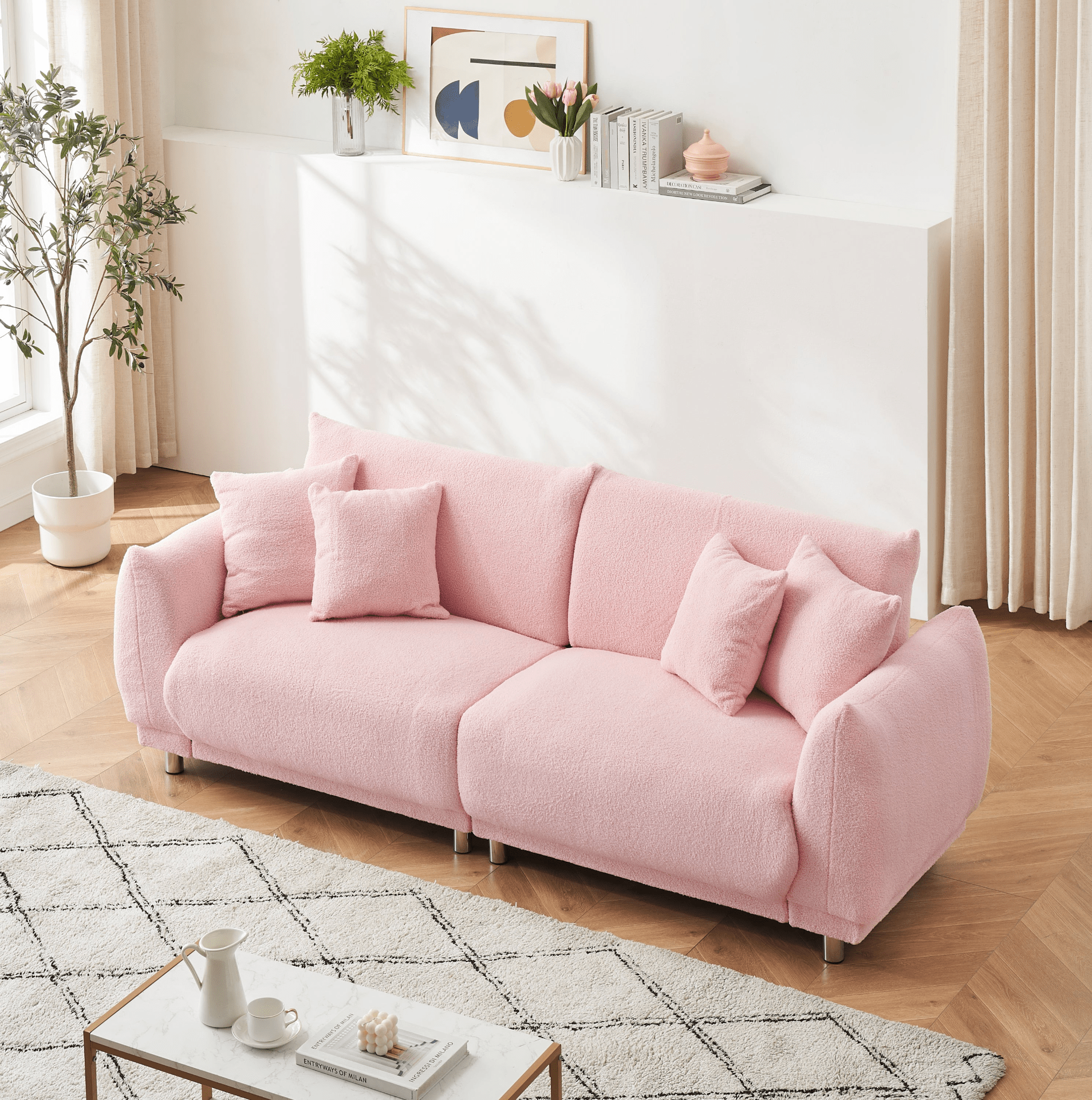 Cozy 86.6 Inch Teddy Fleece Pink Sofa - 4 Throw Pillows, Hardware Feet, Perfect for Compact Spaces - CurtisJ Designs