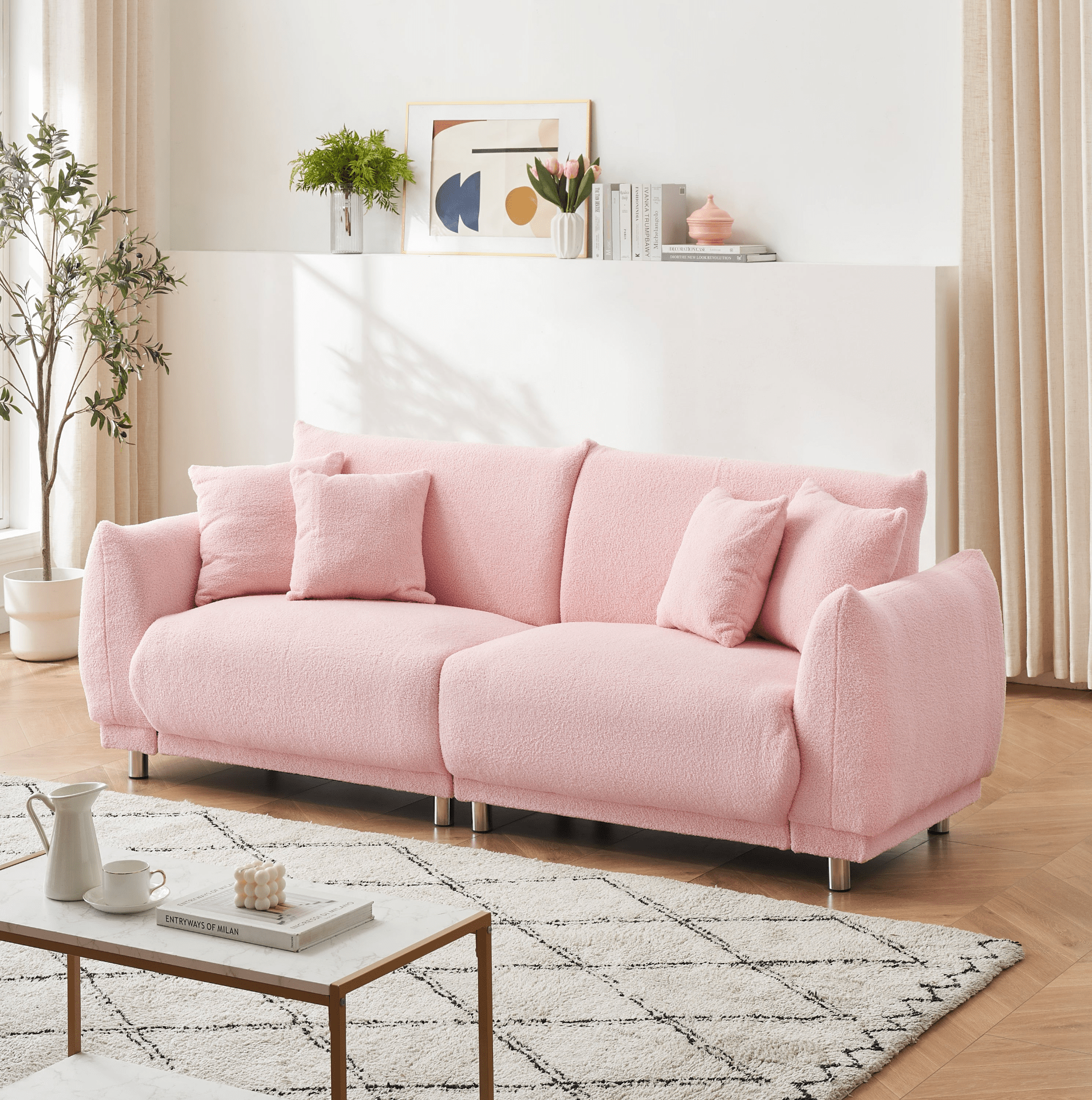 Cozy 86.6 Inch Teddy Fleece Pink Sofa - 4 Throw Pillows, Hardware Feet, Perfect for Compact Spaces - CurtisJ Designs