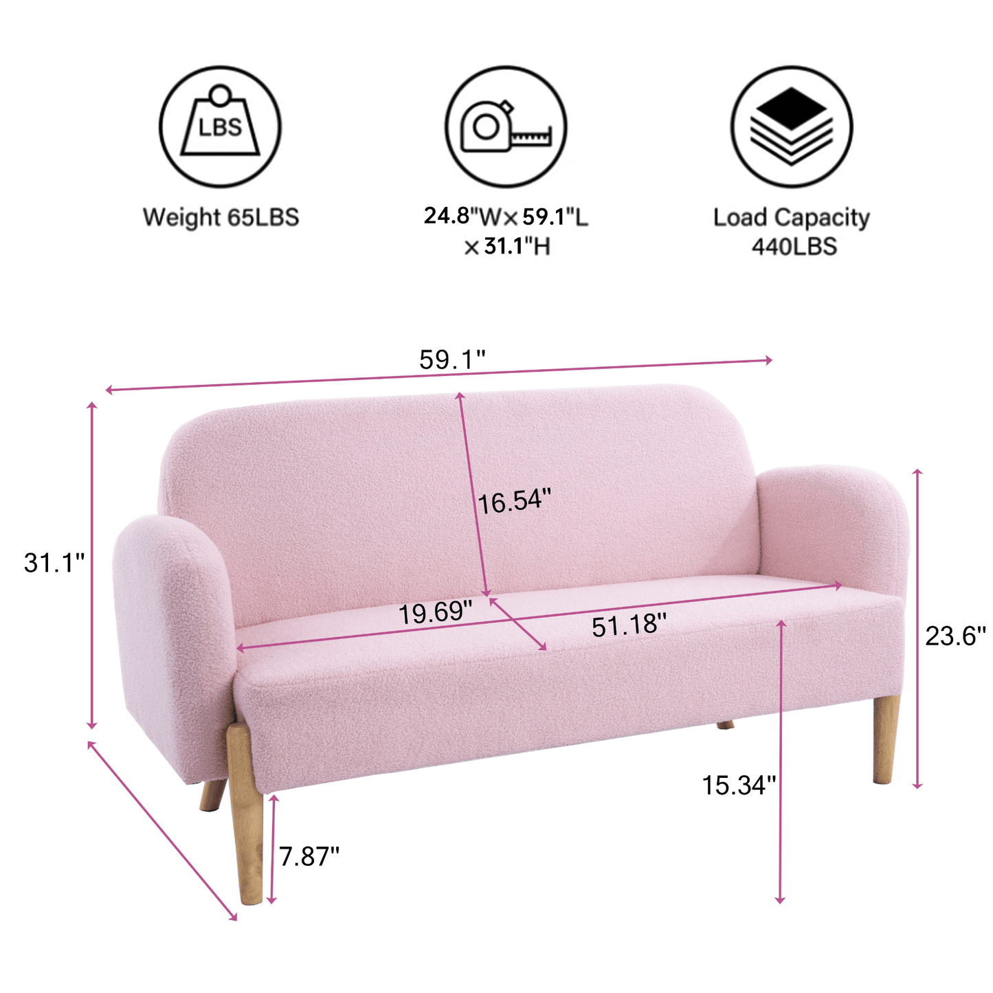 Elegant 59.1" Teddy Velvet Pink Two - Seater Sofa with Three Comfort Lumbar Pillows - Ideal for Modern Living Spaces - CurtisJ Designs