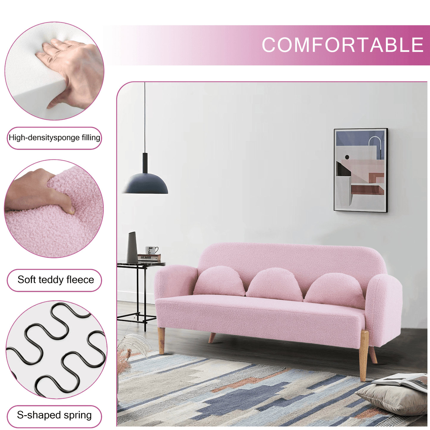 Elegant 59.1" Teddy Velvet Pink Two - Seater Sofa with Three Comfort Lumbar Pillows - Ideal for Modern Living Spaces - CurtisJ Designs