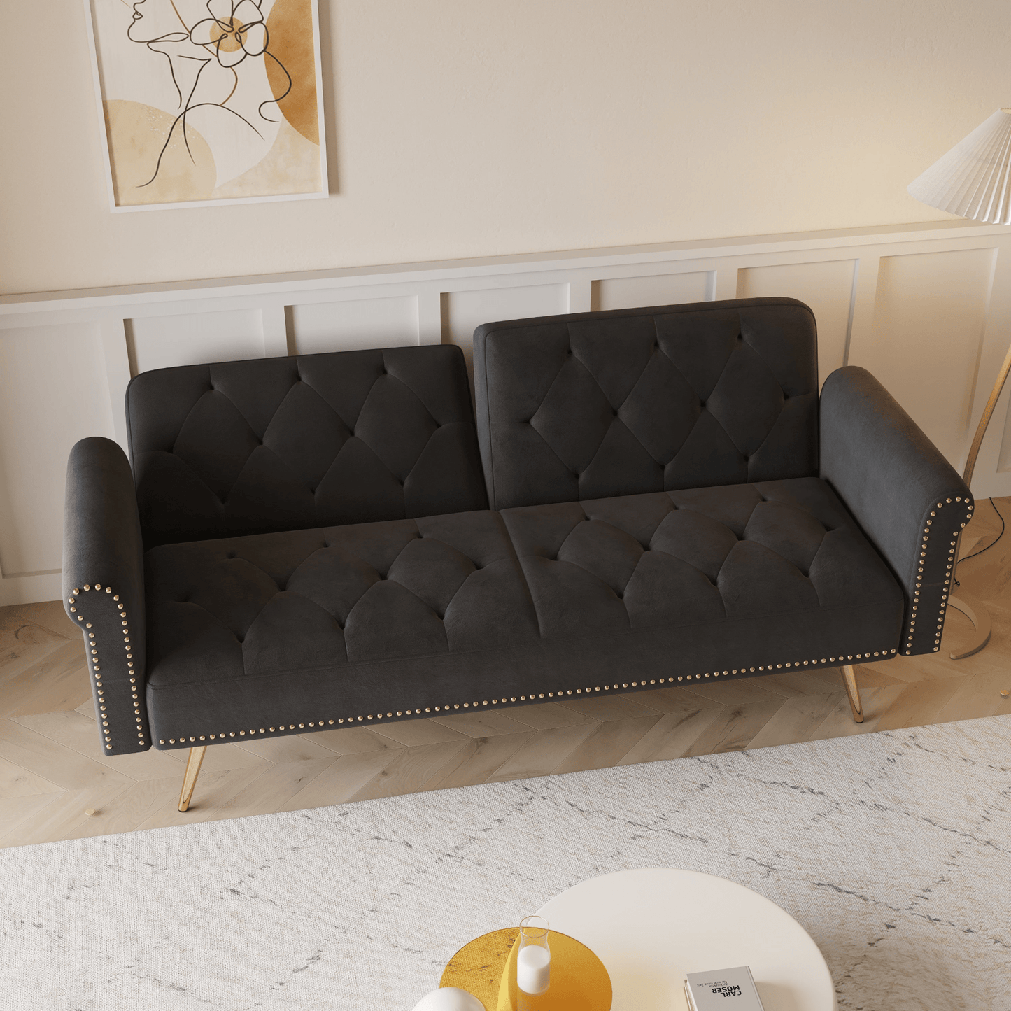 Elegant 69.7 - Inch Black Velvet Nail Head Sofa Bed with Throw Pillow - Luxurious and Multi - functional - CurtisJ Designs