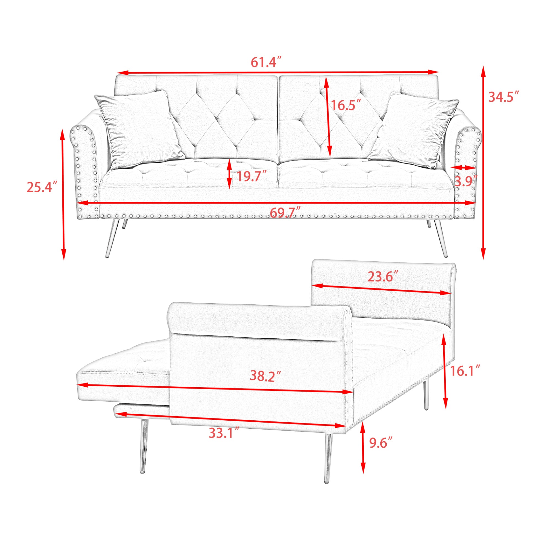 Elegant 69.7 - Inch Black Velvet Nail Head Sofa Bed with Throw Pillow - Luxurious and Multi - functional - CurtisJ Designs