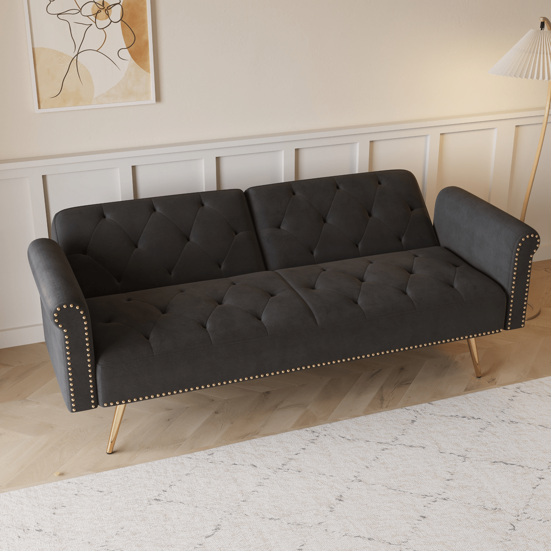 Elegant 69.7 - Inch Black Velvet Nail Head Sofa Bed with Throw Pillow - Luxurious and Multi - functional - CurtisJ Designs