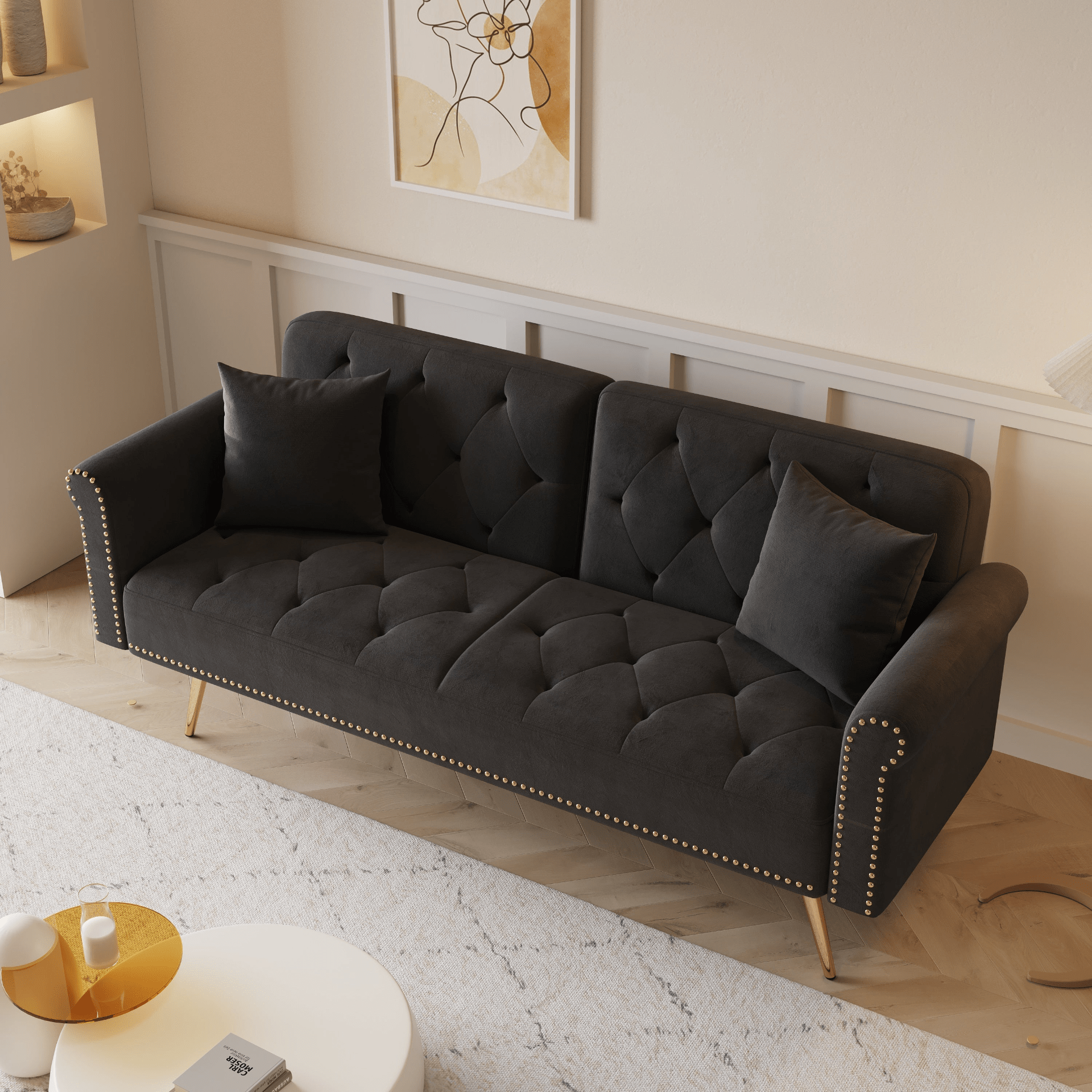 Elegant 69.7 - Inch Black Velvet Nail Head Sofa Bed with Throw Pillow - Luxurious and Multi - functional - CurtisJ Designs