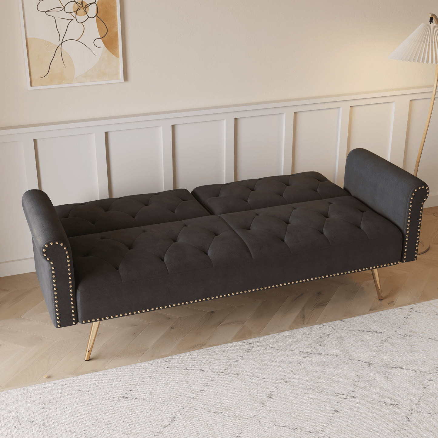 Elegant 69.7 - Inch Black Velvet Nail Head Sofa Bed with Throw Pillow - Luxurious and Multi - functional - CurtisJ Designs