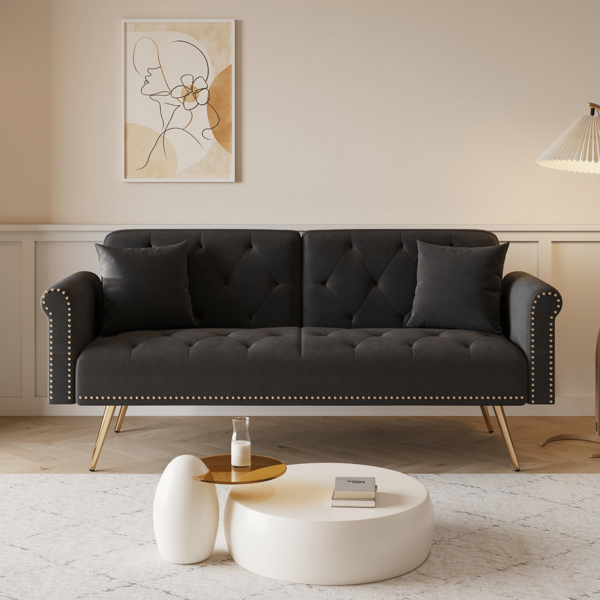 Elegant 69.7 - Inch Black Velvet Nail Head Sofa Bed with Throw Pillow - Luxurious and Multi - functional - CurtisJ Designs