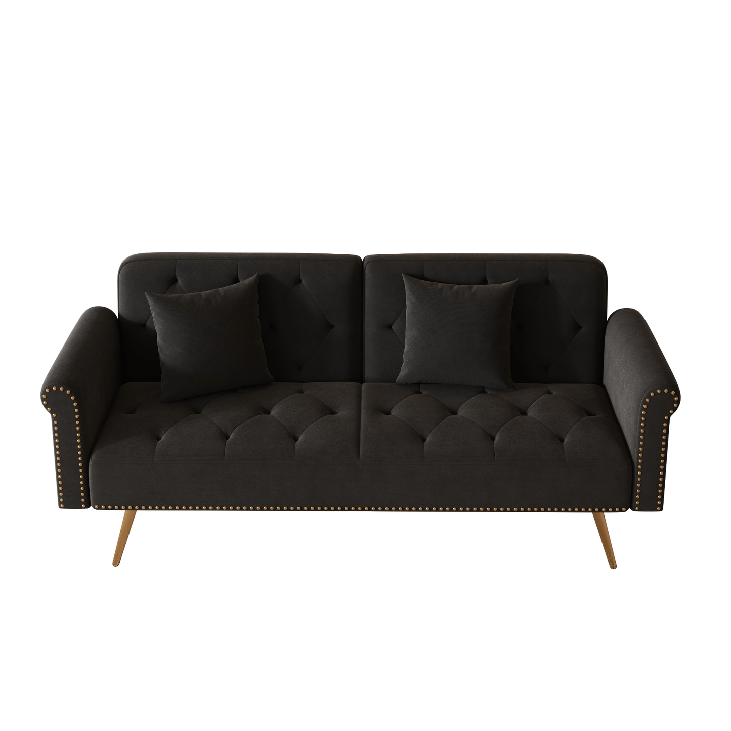 Elegant 69.7 - Inch Black Velvet Nail Head Sofa Bed with Throw Pillow - Luxurious and Multi - functional - CurtisJ Designs