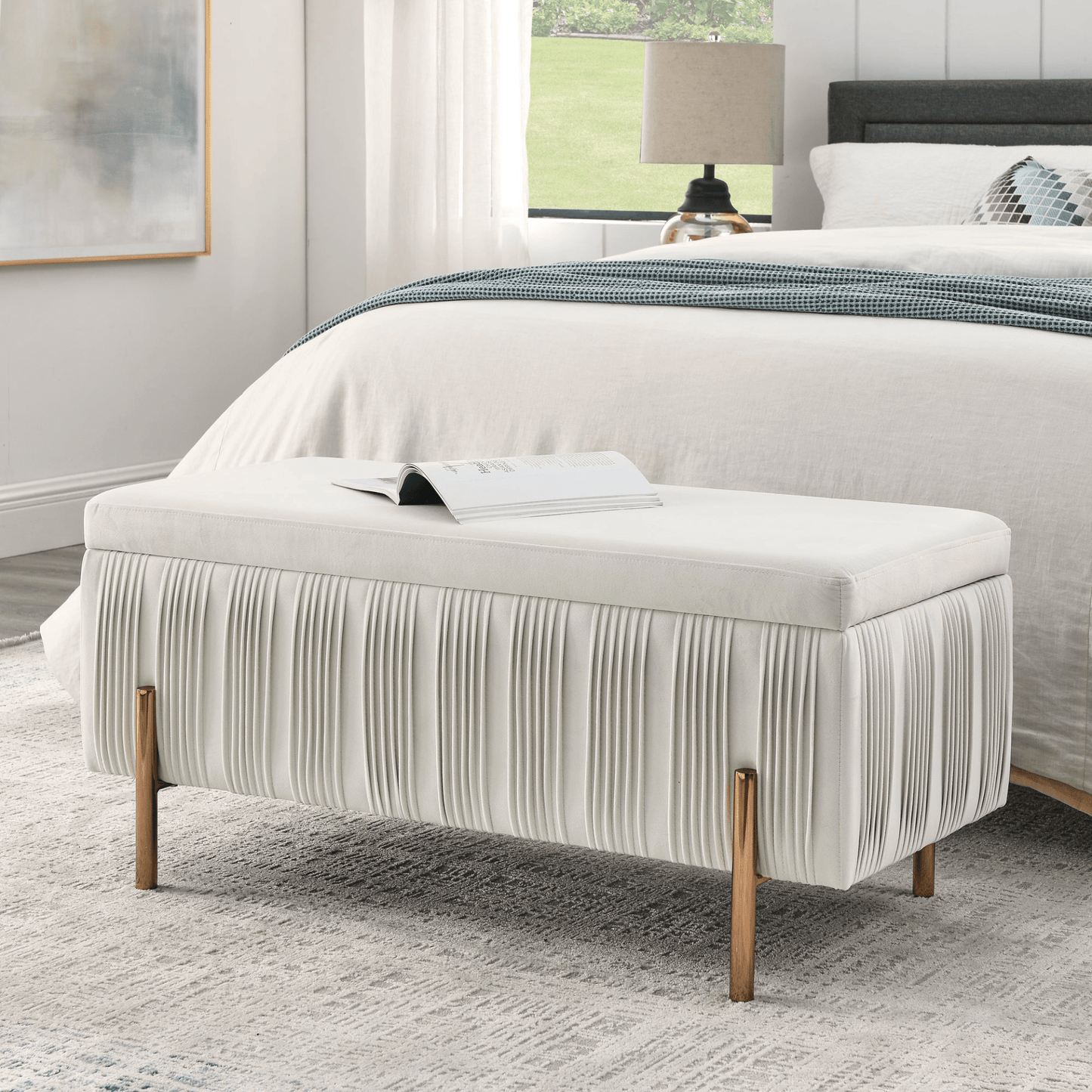 Elegant Beige Upholstered Velvet Storage Bench with Cedar Wood Veneer - CurtisJ Designs