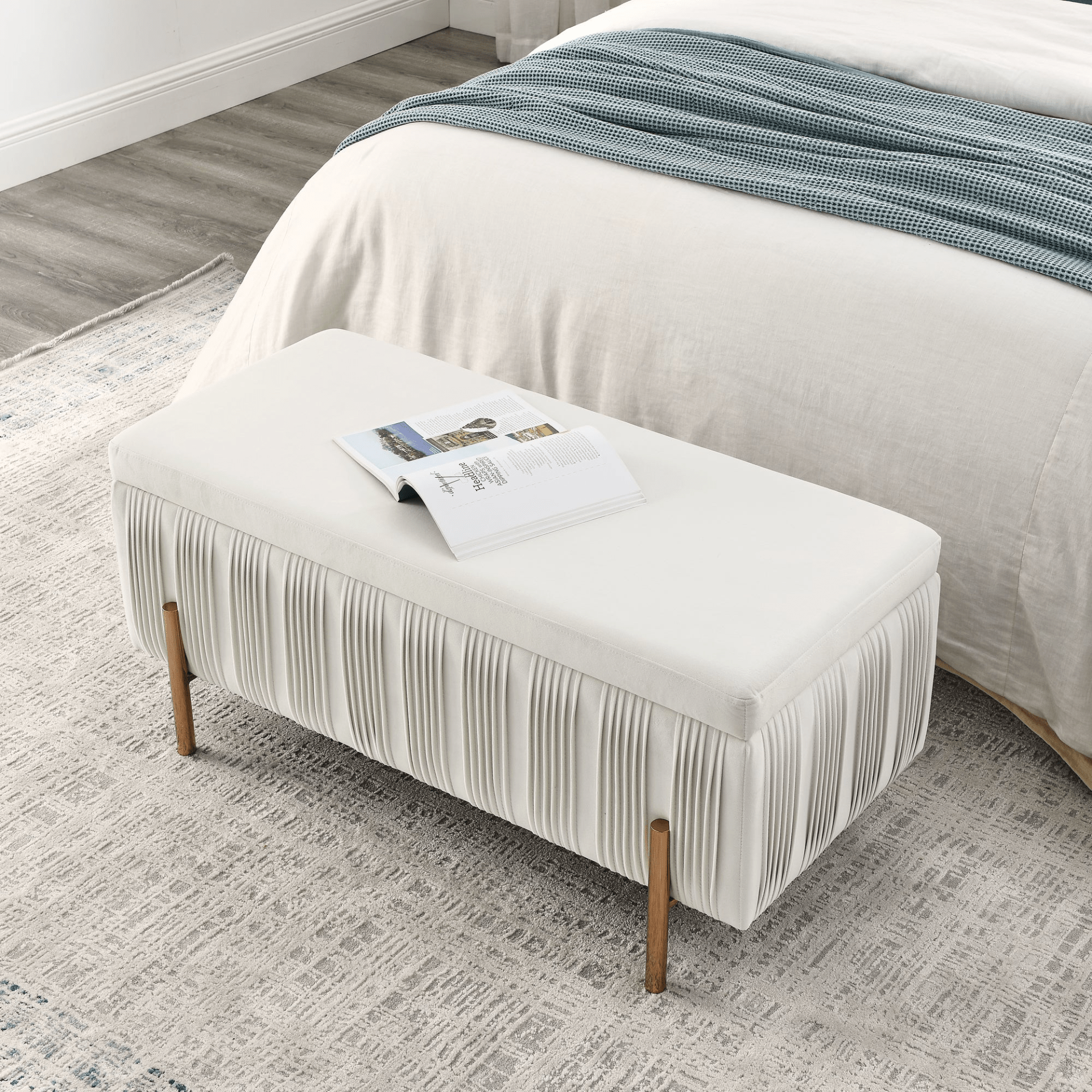 Elegant Beige Upholstered Velvet Storage Bench with Cedar Wood Veneer - CurtisJ Designs