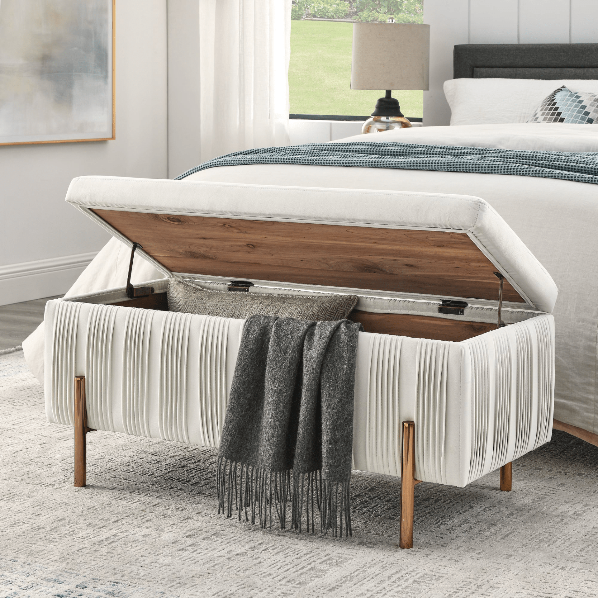 Elegant Beige Upholstered Velvet Storage Bench with Cedar Wood Veneer - CurtisJ Designs