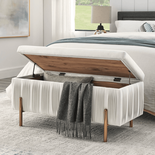 Elegant Beige Upholstered Velvet Storage Bench with Cedar Wood Veneer - CurtisJ Designs