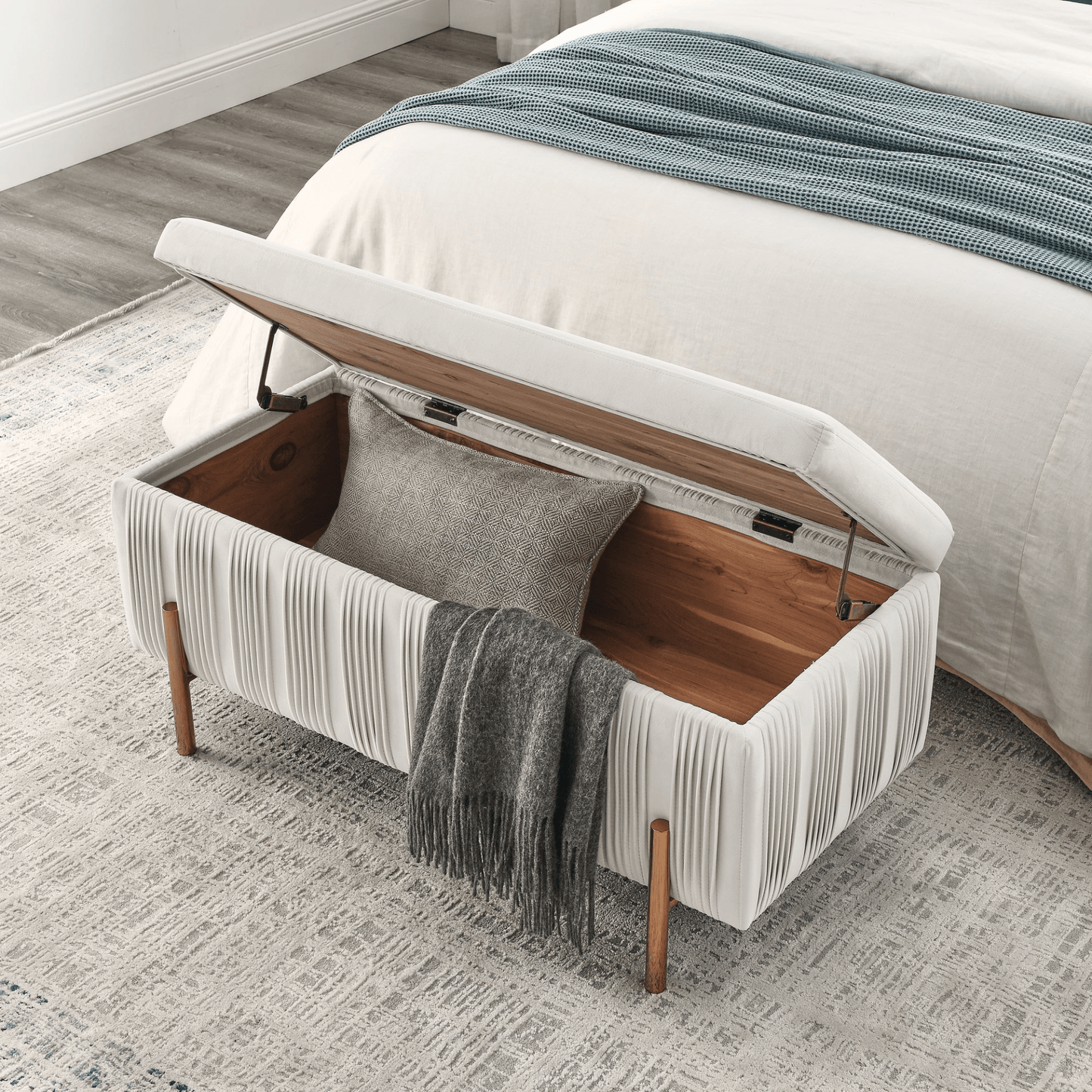 Elegant Beige Upholstered Velvet Storage Bench with Cedar Wood Veneer - CurtisJ Designs