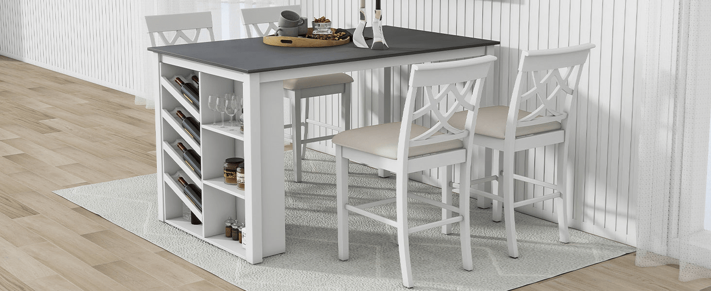 Elegant Counter Height 5 - Piece Solid Wood Dining Set with Wine Rack & Upholstered Chairs - 59" Rectangular Table, White - CurtisJ Designs