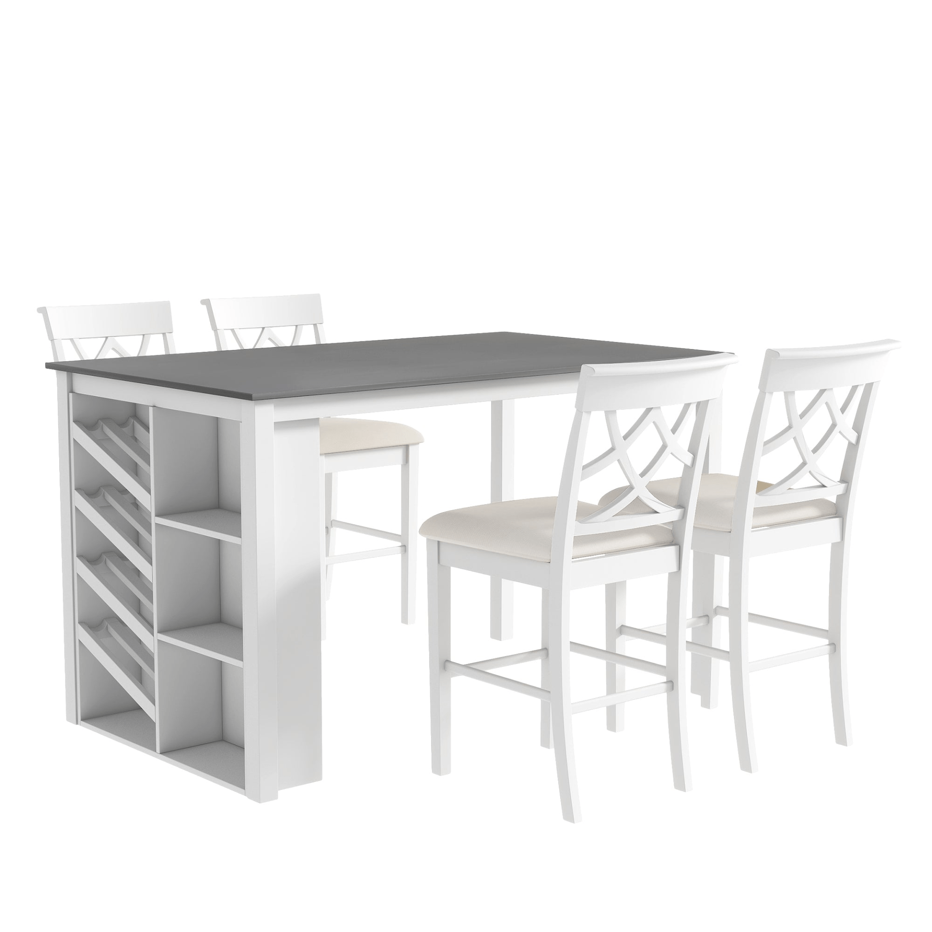 Elegant Counter Height 5 - Piece Solid Wood Dining Set with Wine Rack & Upholstered Chairs - 59" Rectangular Table, White - CurtisJ Designs