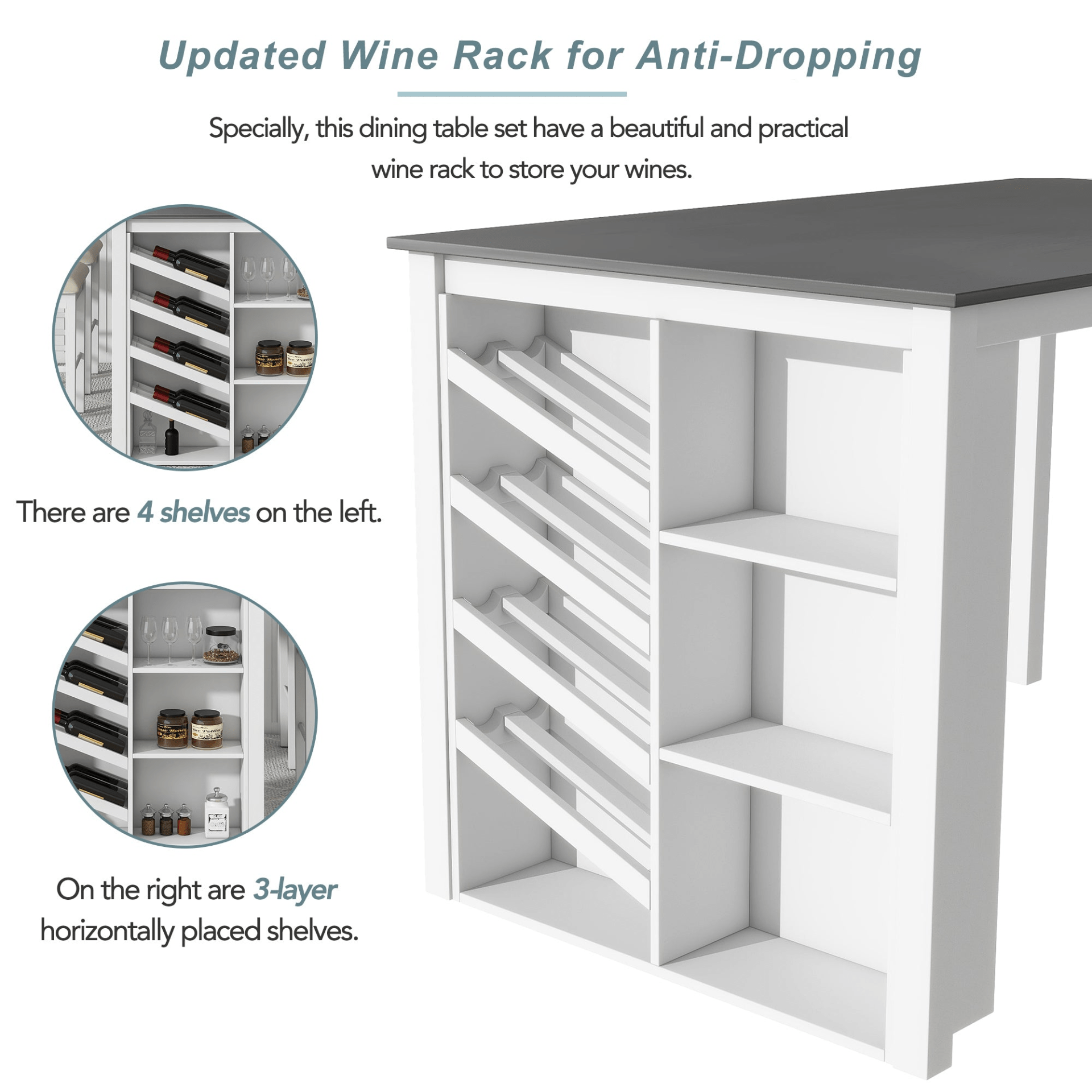 Elegant Counter Height 5 - Piece Solid Wood Dining Set with Wine Rack & Upholstered Chairs - 59" Rectangular Table, White - CurtisJ Designs