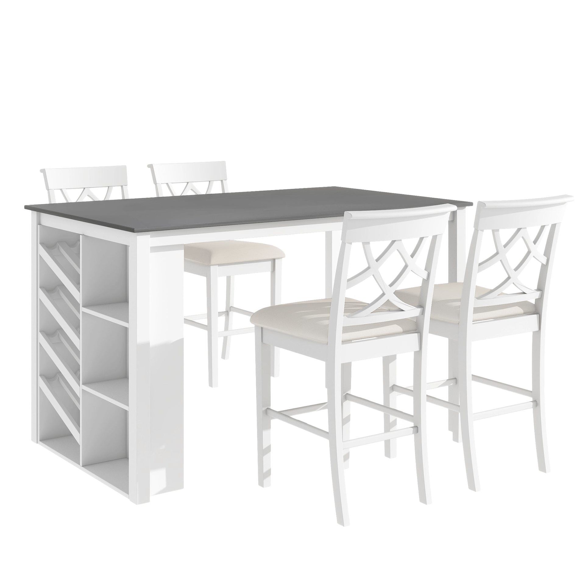 Elegant Counter Height 5 - Piece Solid Wood Dining Set with Wine Rack & Upholstered Chairs - 59" Rectangular Table, White - CurtisJ Designs