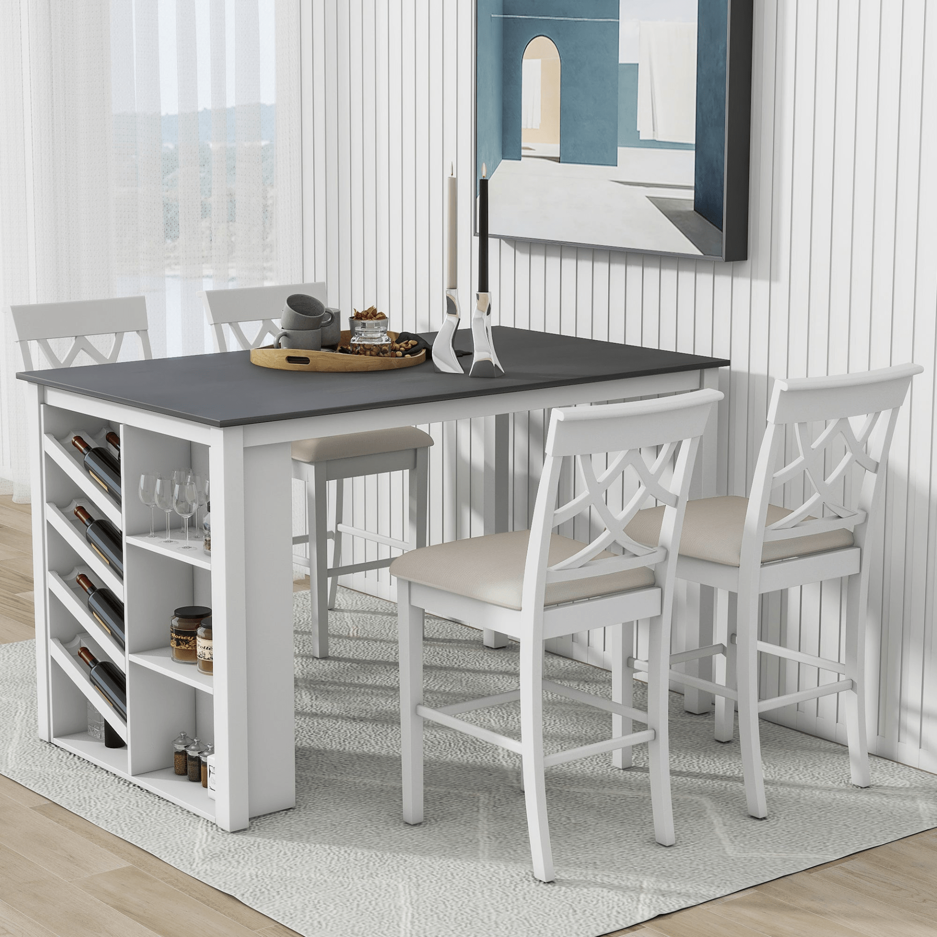 Elegant Counter Height 5 - Piece Solid Wood Dining Set with Wine Rack & Upholstered Chairs - 59" Rectangular Table, White - CurtisJ Designs