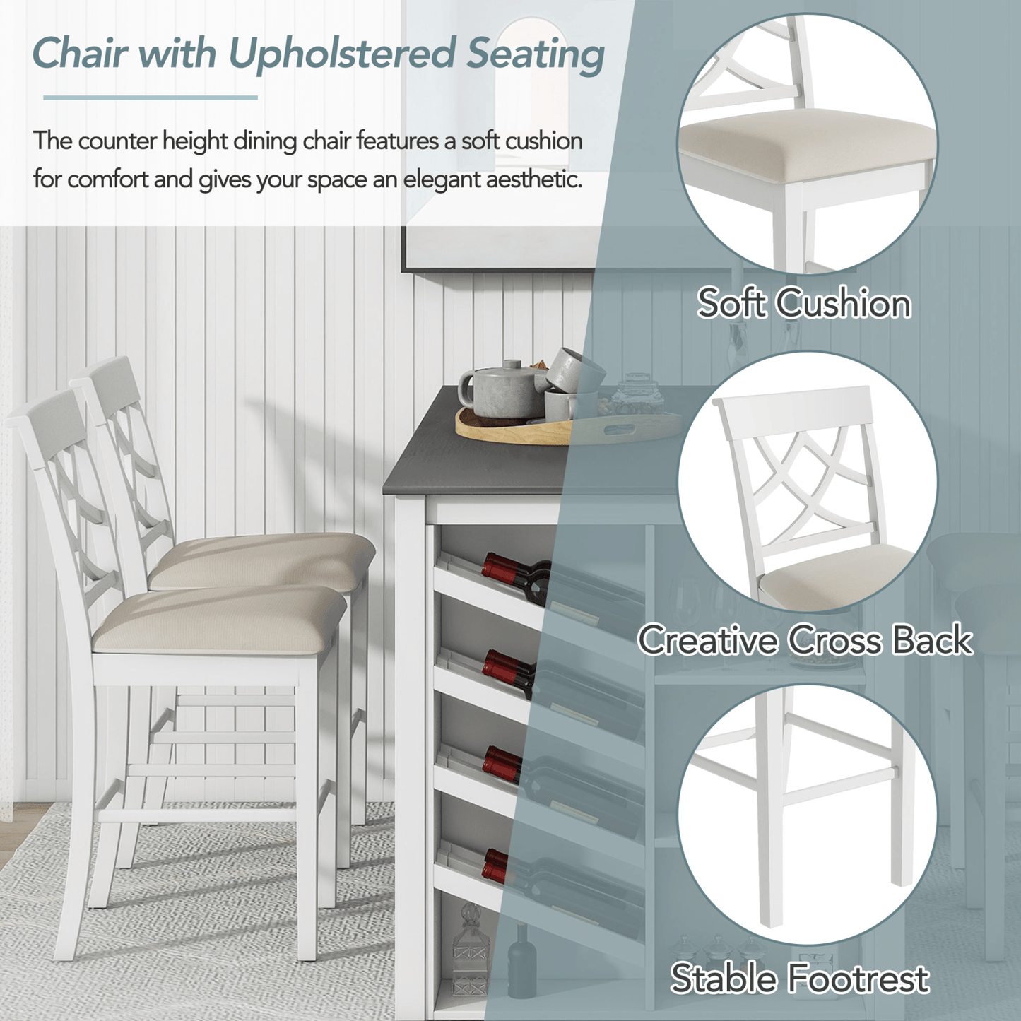 Elegant Counter Height 5 - Piece Solid Wood Dining Set with Wine Rack & Upholstered Chairs - 59" Rectangular Table, White - CurtisJ Designs