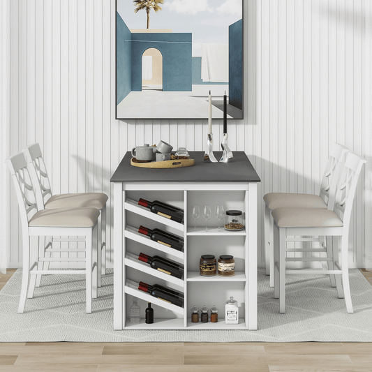 Elegant Counter Height 5 - Piece Solid Wood Dining Set with Wine Rack & Upholstered Chairs - 59" Rectangular Table, White - CurtisJ Designs