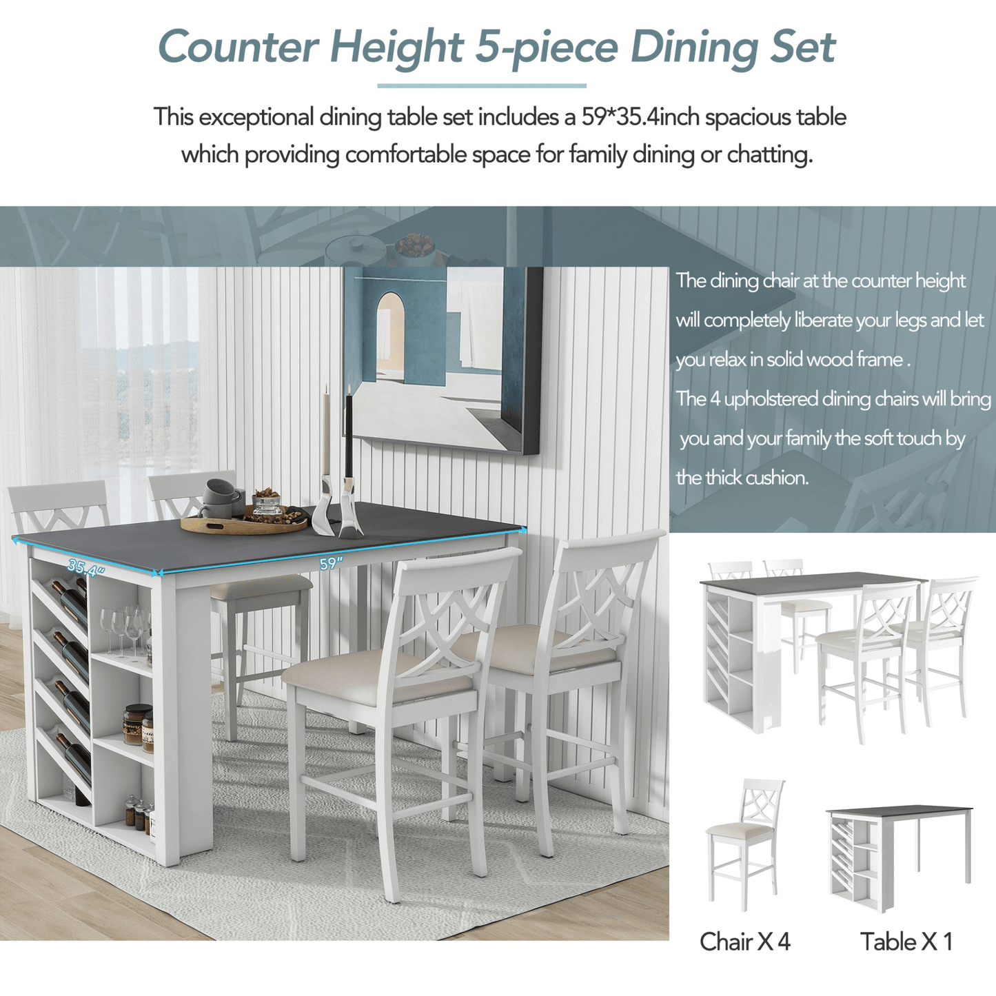 Elegant Counter Height 5 - Piece Solid Wood Dining Set with Wine Rack & Upholstered Chairs - 59" Rectangular Table, White - CurtisJ Designs