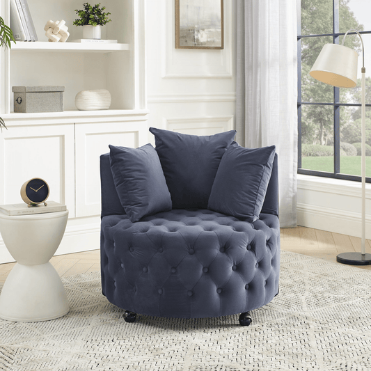 Elegant Grey Velvet Upholstered Swivel Chair with Button Tufted Design & Movable Wheels - Includes 3 Pillows - CurtisJ Designs