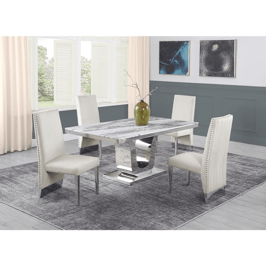 Elegant White Marble 5 - Piece Dining Set with Beige Velvet Pleated Chairs - Stylish & Comfortable - CurtisJ Designs