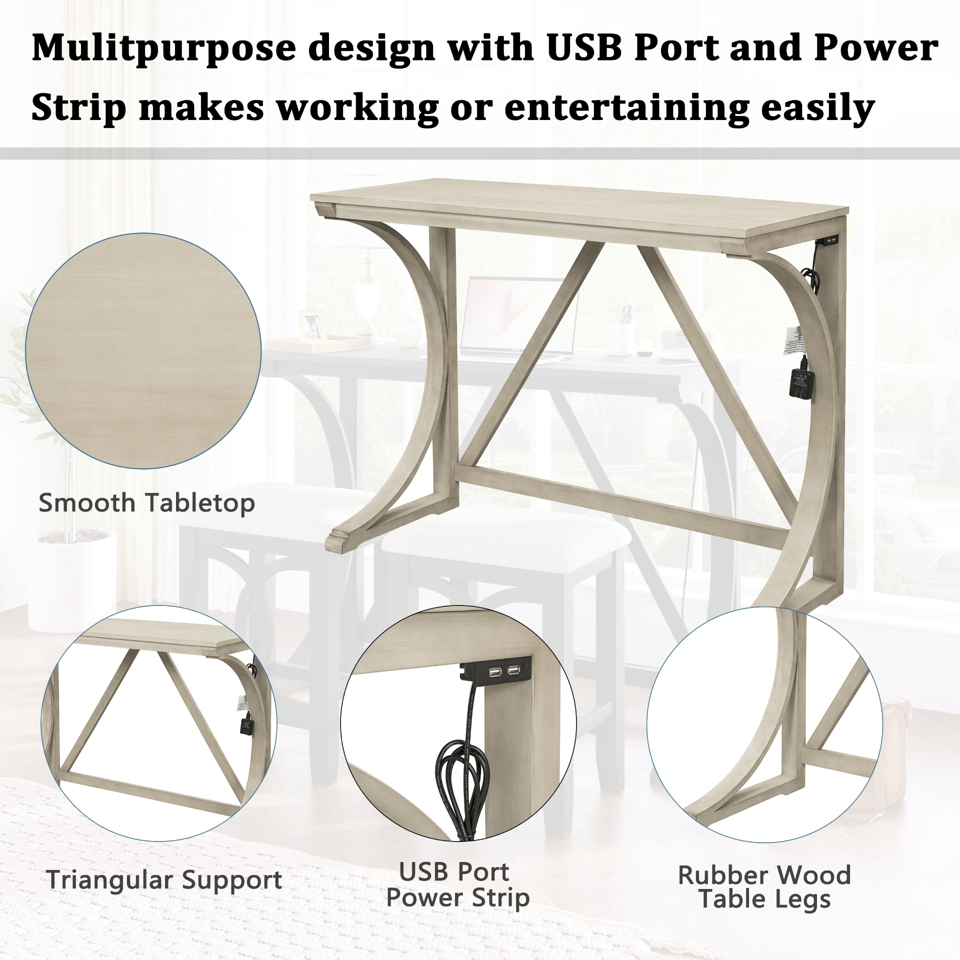 Farmhouse 3 - Piece Counter Height Dining Table Set with USB Port and Upholstered Stools, Cream - CurtisJ Designs