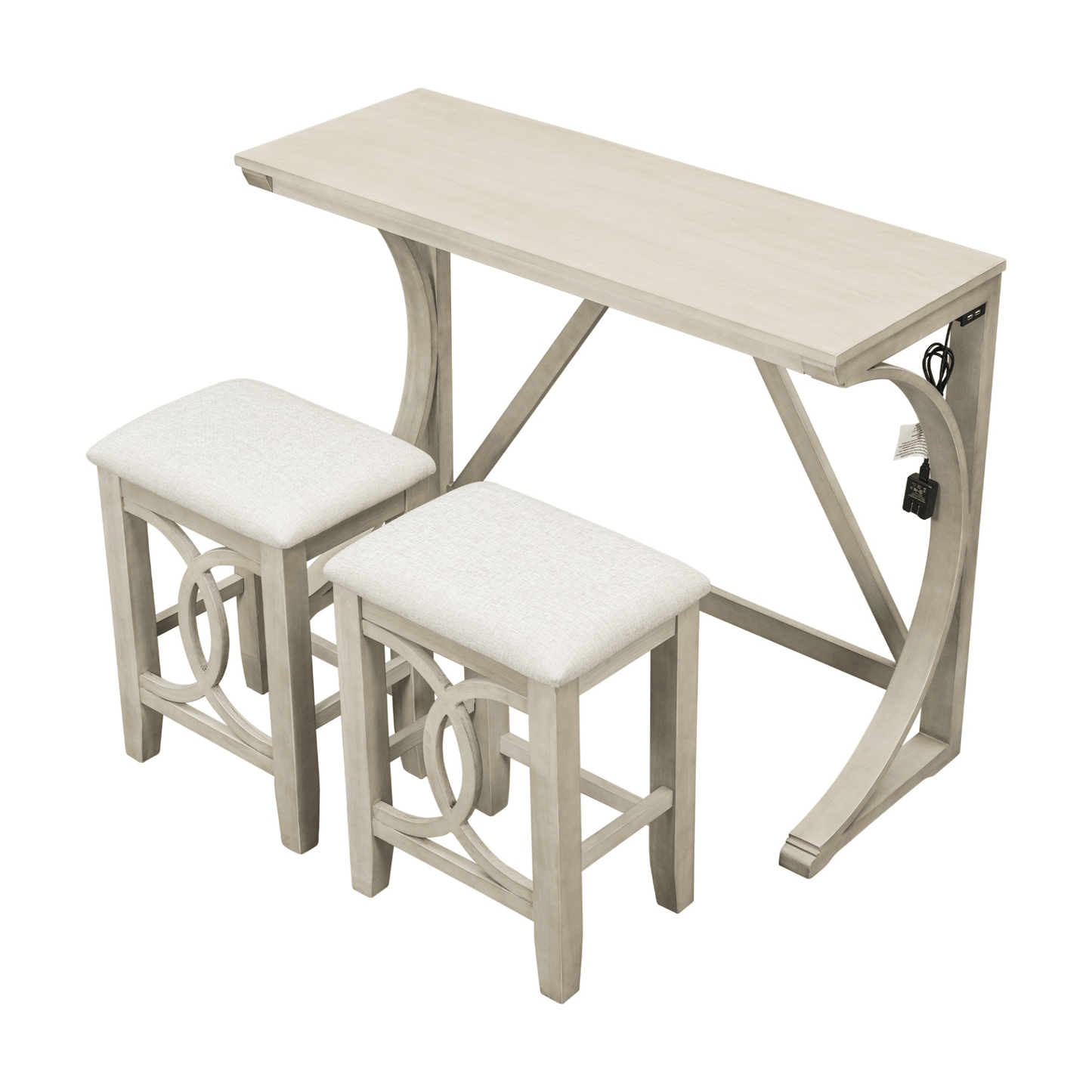 Farmhouse 3 - Piece Counter Height Dining Table Set with USB Port and Upholstered Stools, Cream - CurtisJ Designs