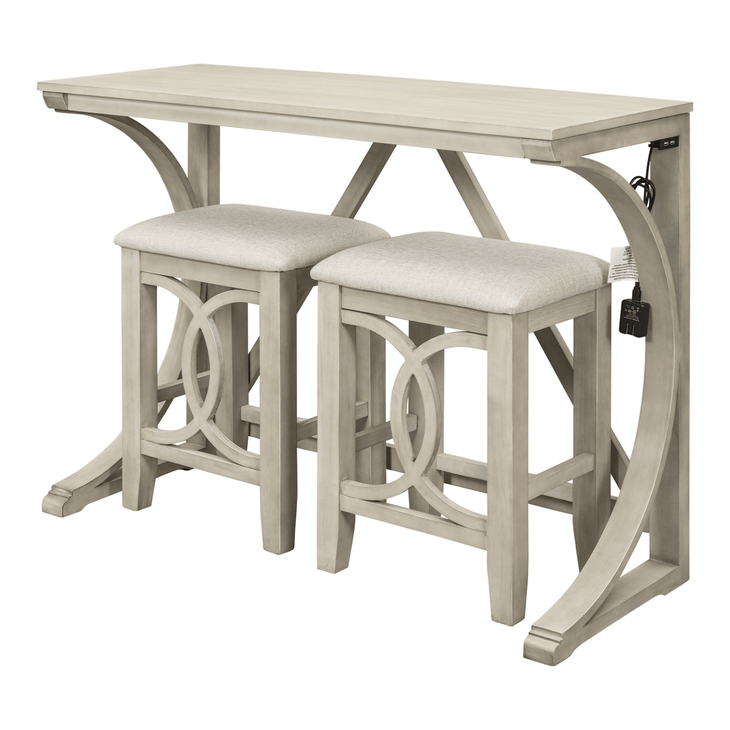 Farmhouse 3 - Piece Counter Height Dining Table Set with USB Port and Upholstered Stools, Cream - CurtisJ Designs