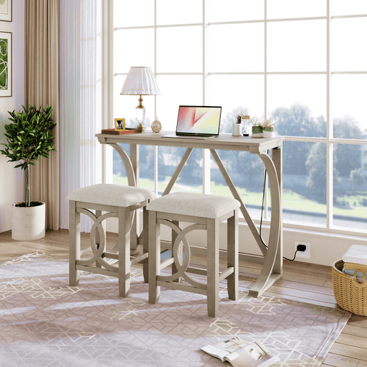 Farmhouse 3 - Piece Counter Height Dining Table Set with USB Port and Upholstered Stools, Cream - CurtisJ Designs