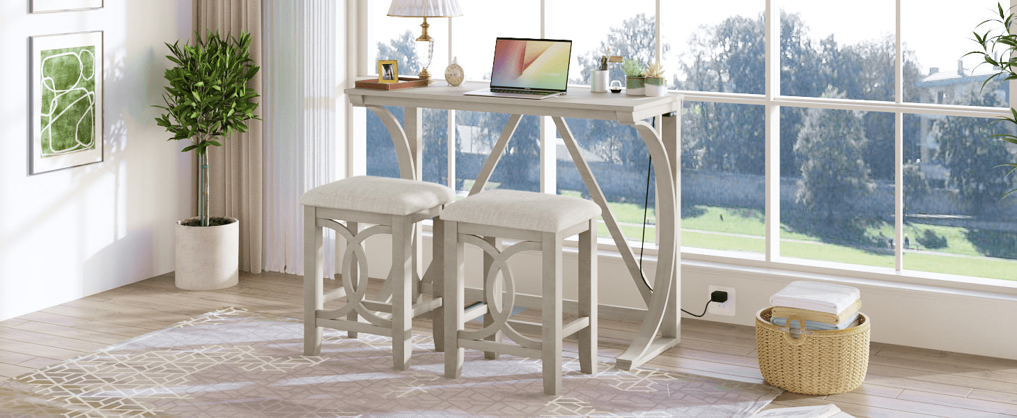 Farmhouse 3 - Piece Counter Height Dining Table Set with USB Port and Upholstered Stools, Cream - CurtisJ Designs