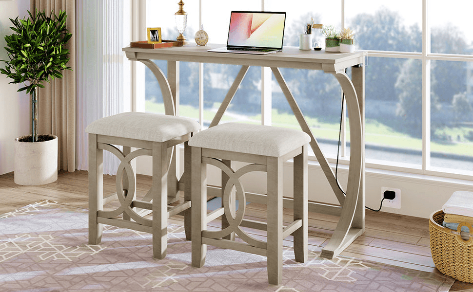 Farmhouse 3 - Piece Counter Height Dining Table Set with USB Port and Upholstered Stools, Cream - CurtisJ Designs