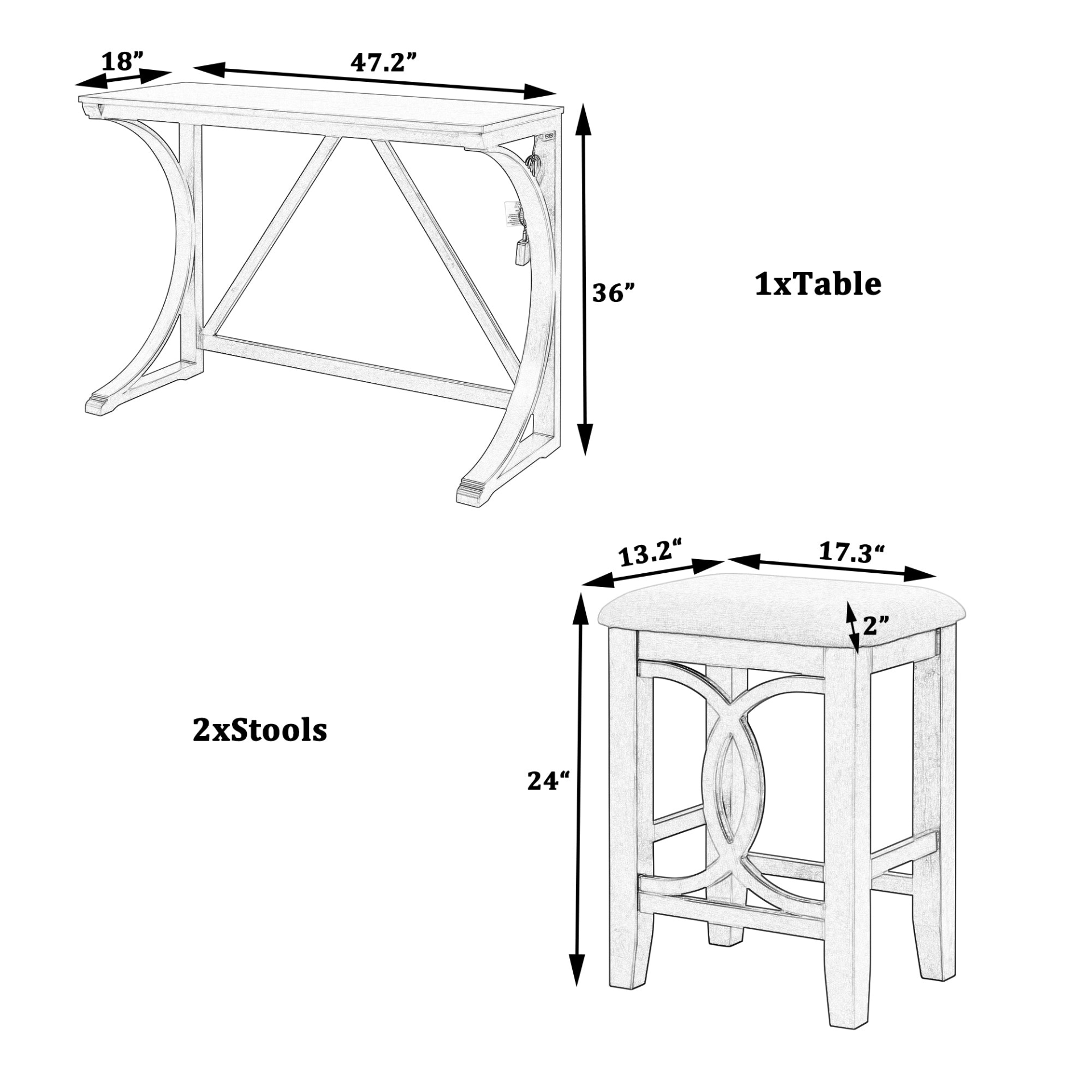 Farmhouse 3 - Piece Counter Height Dining Table Set with USB Port and Upholstered Stools, Cream - CurtisJ Designs