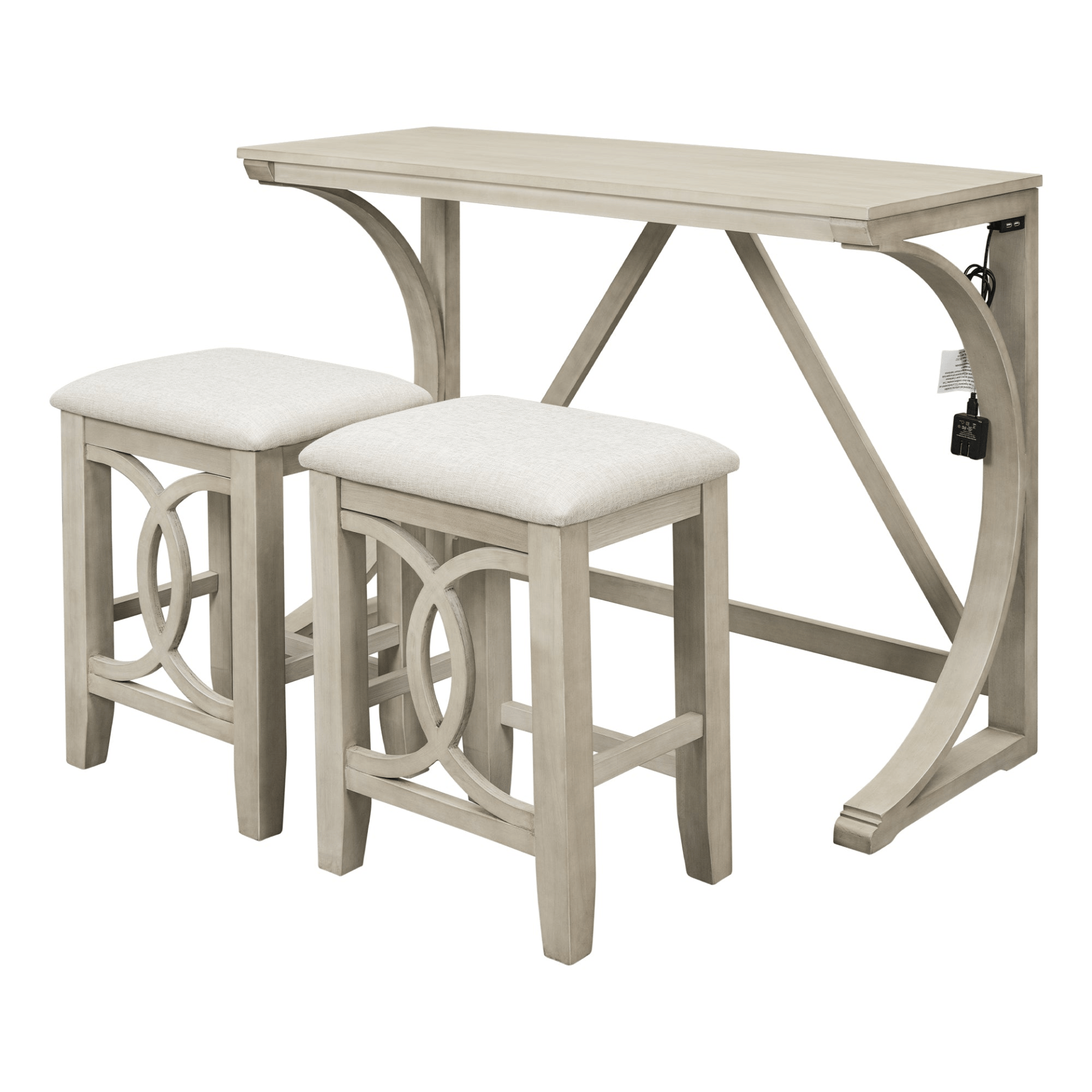 Farmhouse 3 - Piece Counter Height Dining Table Set with USB Port and Upholstered Stools, Cream - CurtisJ Designs