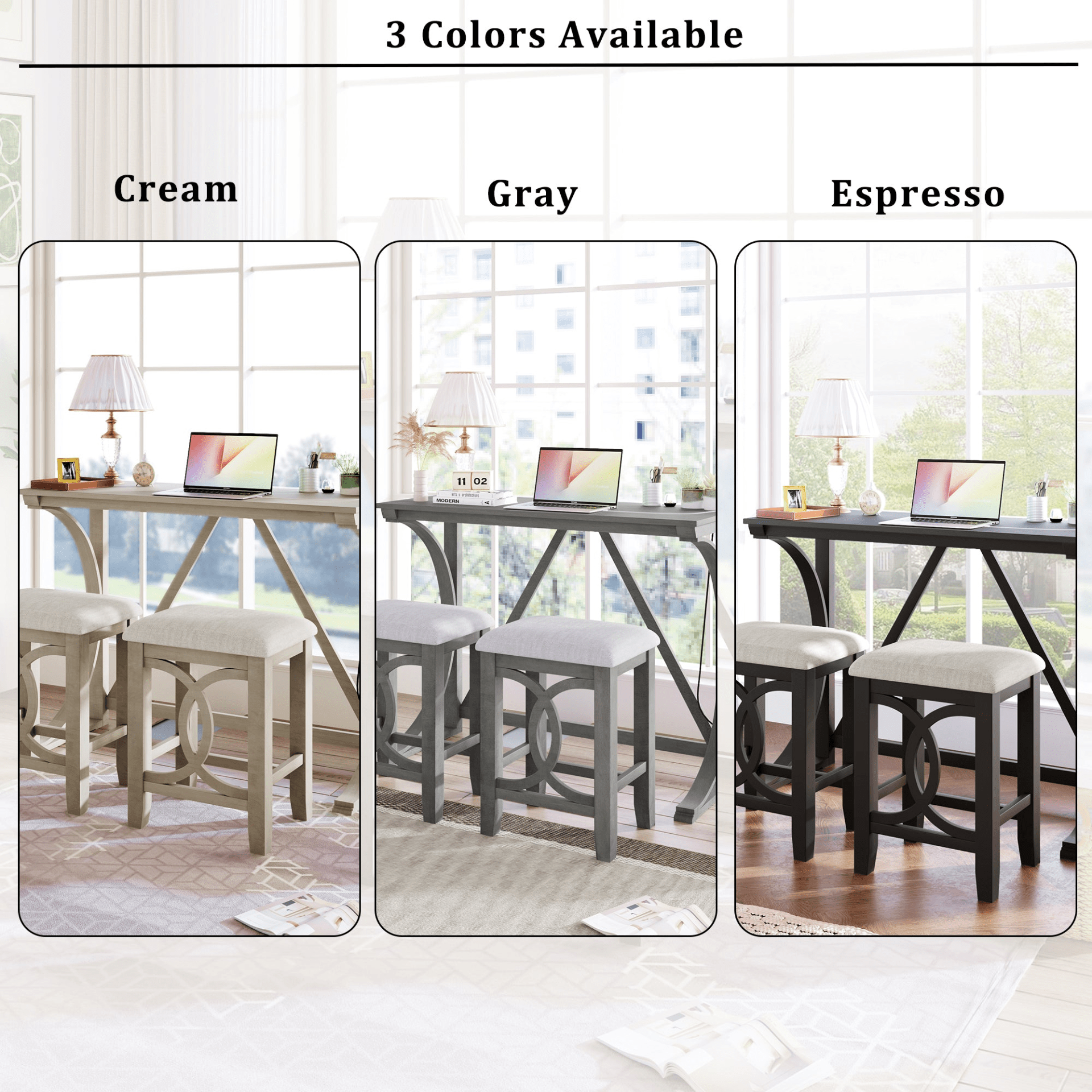 Farmhouse 3 - Piece Counter Height Dining Table Set with USB Port and Upholstered Stools, Cream - CurtisJ Designs