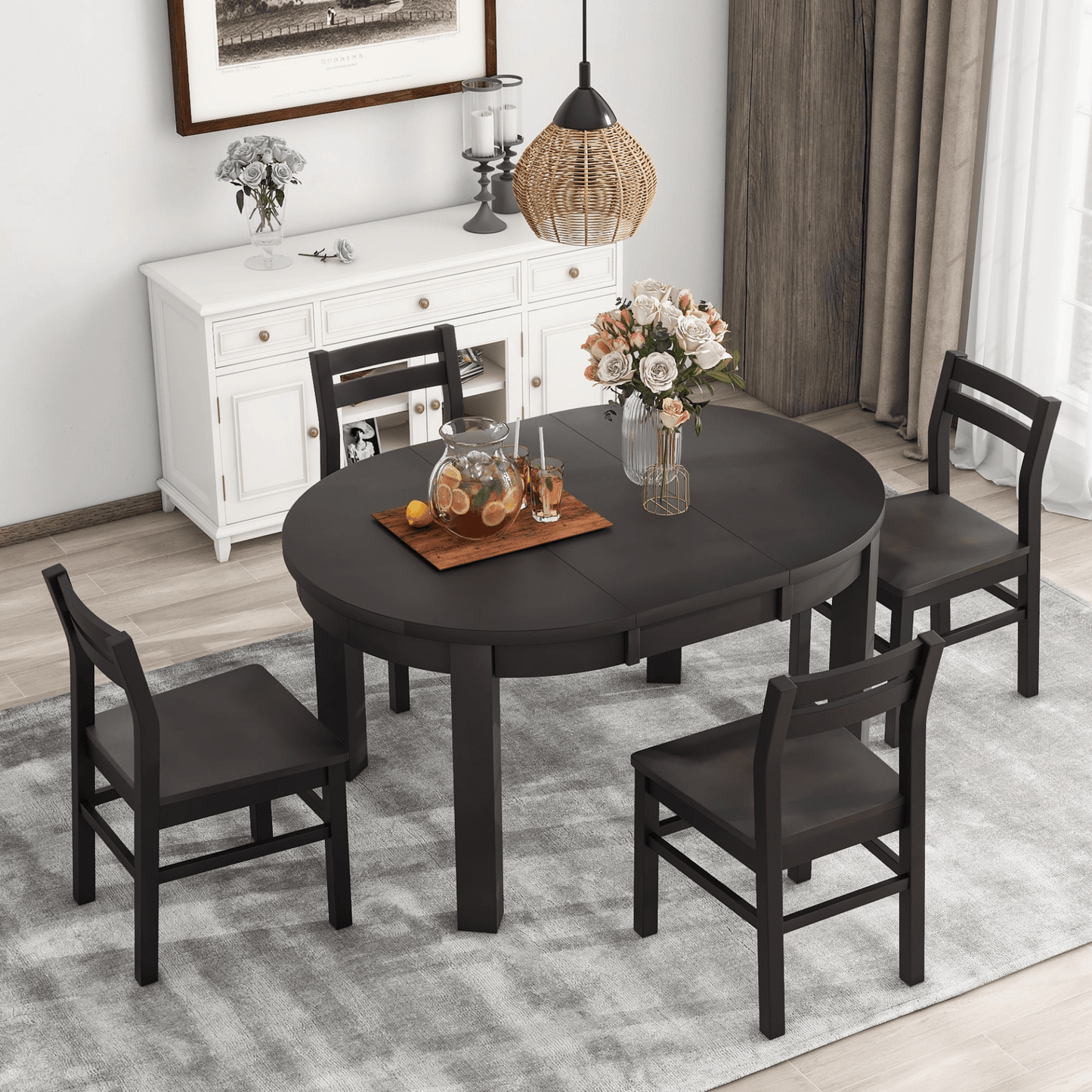 Farmhouse 5 - Piece Extendable Round Dining Table Set with Storage Drawers and 4 Dining Chairs, 16" Removable Leaf, Espresso Finish - CurtisJ Designs