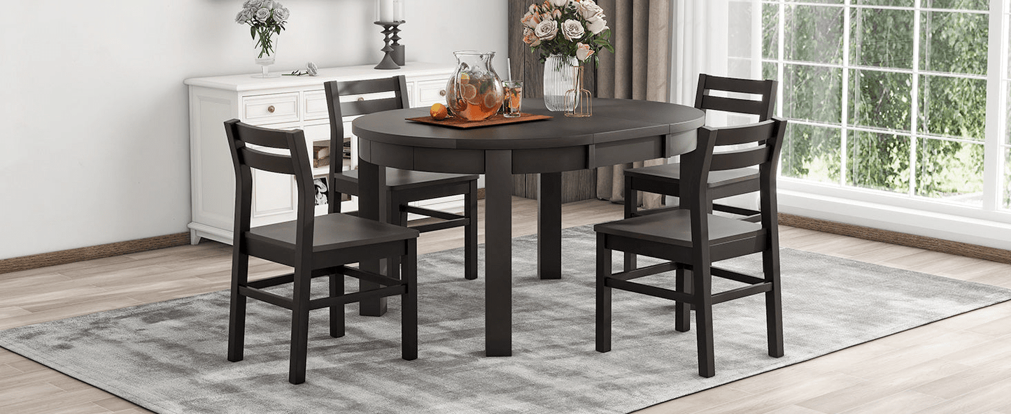 Farmhouse 5 - Piece Extendable Round Dining Table Set with Storage Drawers and 4 Dining Chairs, 16" Removable Leaf, Espresso Finish - CurtisJ Designs