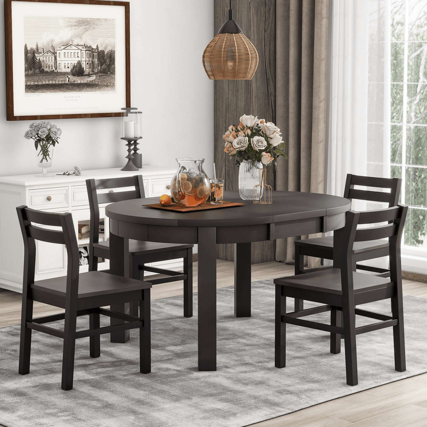 Farmhouse 5 - Piece Extendable Round Dining Table Set with Storage Drawers and 4 Dining Chairs, 16" Removable Leaf, Espresso Finish - CurtisJ Designs