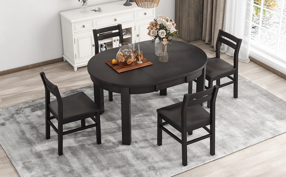 Farmhouse 5 - Piece Extendable Round Dining Table Set with Storage Drawers and 4 Dining Chairs, 16" Removable Leaf, Espresso Finish - CurtisJ Designs