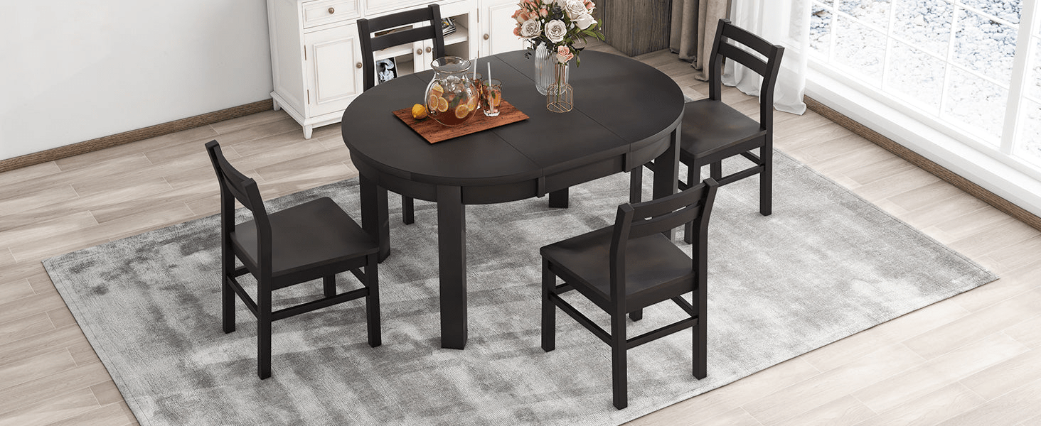 Farmhouse 5 - Piece Extendable Round Dining Table Set with Storage Drawers and 4 Dining Chairs, 16" Removable Leaf, Espresso Finish - CurtisJ Designs