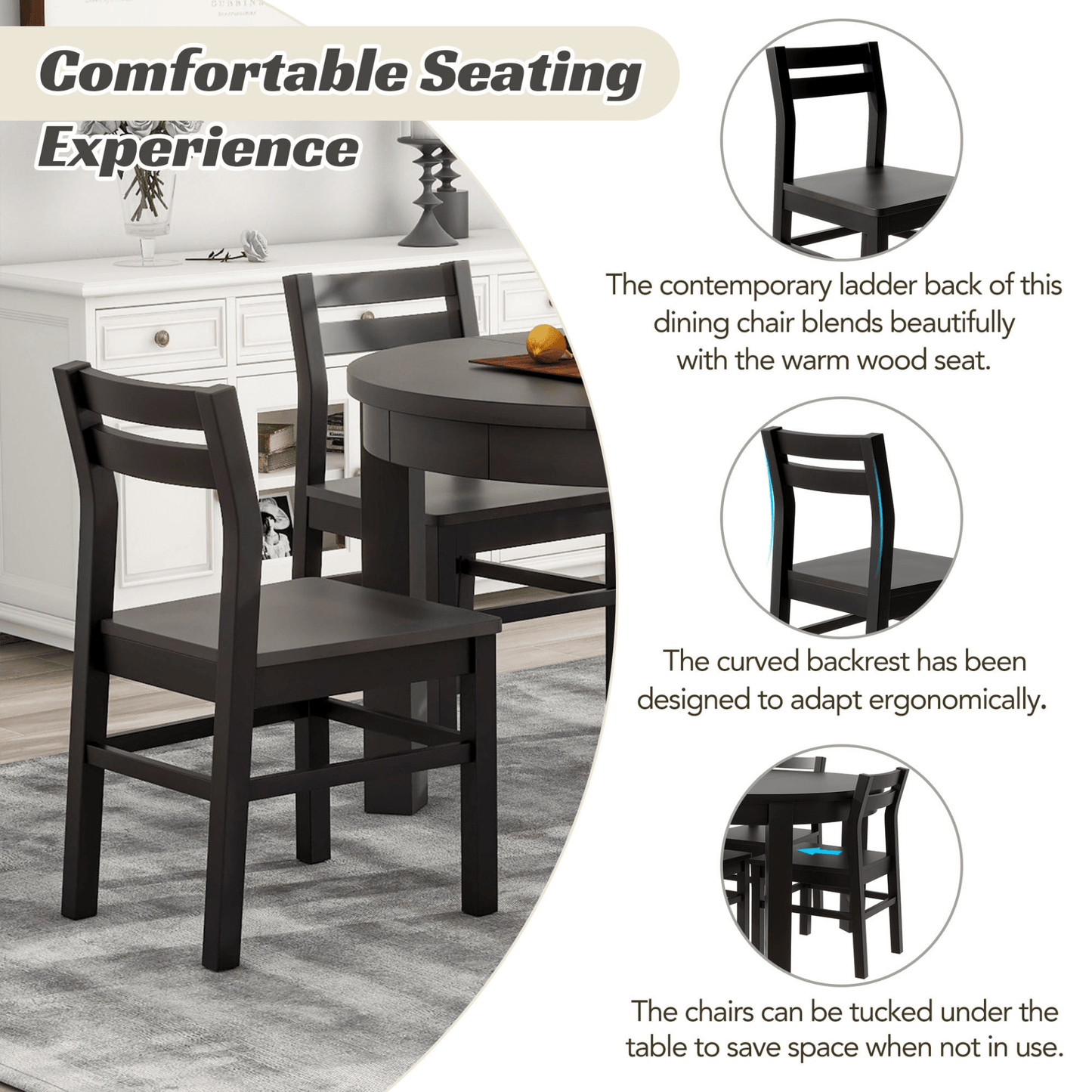 Farmhouse 5 - Piece Extendable Round Dining Table Set with Storage Drawers and 4 Dining Chairs, 16" Removable Leaf, Espresso Finish - CurtisJ Designs