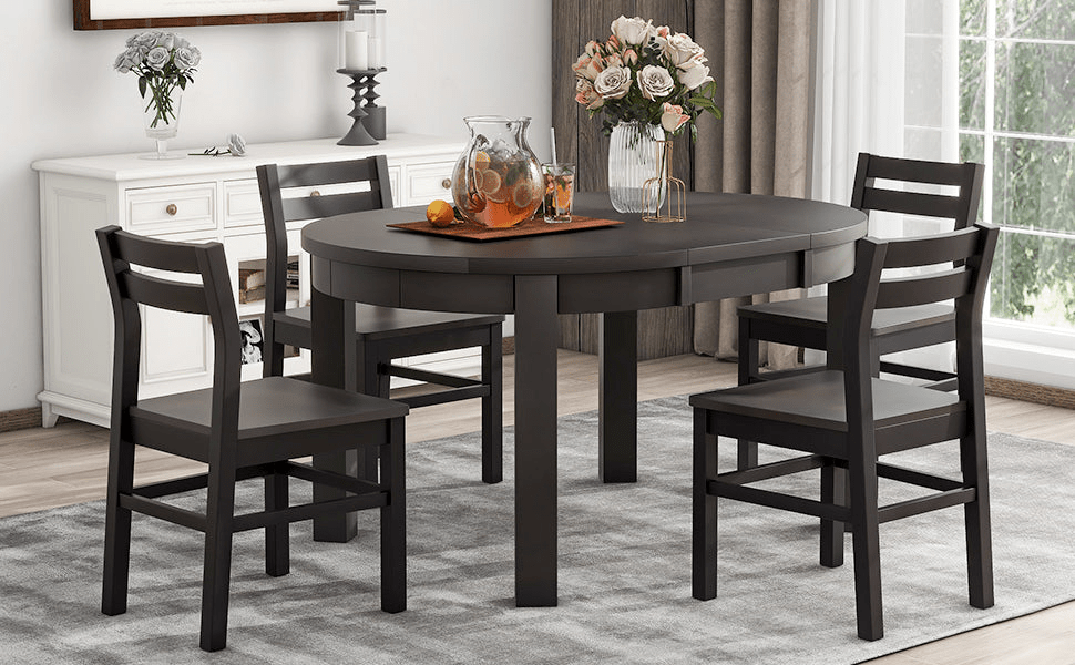 Farmhouse 5 - Piece Extendable Round Dining Table Set with Storage Drawers and 4 Dining Chairs, 16" Removable Leaf, Espresso Finish - CurtisJ Designs