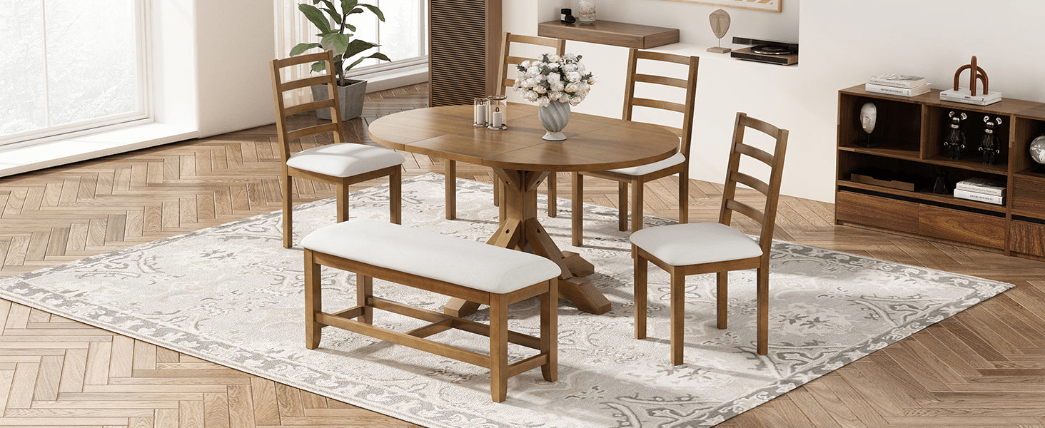 Farmhouse 6 - Piece Extendable Dining Table Set with Removable Leaf, Bench, and 4 Ladder Back Chairs, Dark Brown - CurtisJ Designs