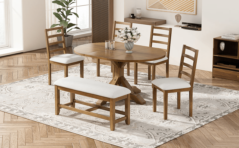 Farmhouse 6 - Piece Extendable Dining Table Set with Removable Leaf, Bench, and 4 Ladder Back Chairs, Dark Brown - CurtisJ Designs