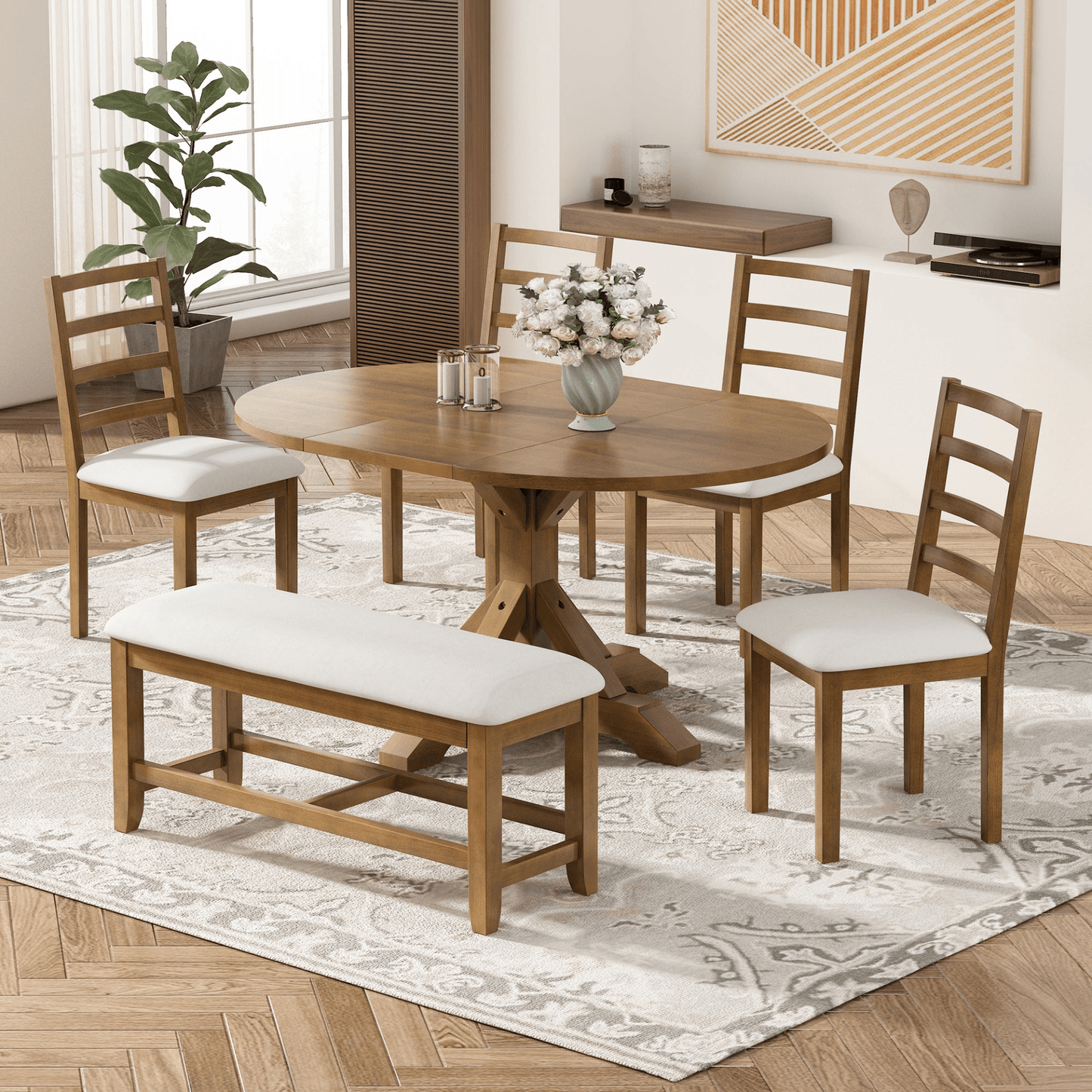 Farmhouse 6 - Piece Extendable Dining Table Set with Removable Leaf, Bench, and 4 Ladder Back Chairs, Dark Brown - CurtisJ Designs