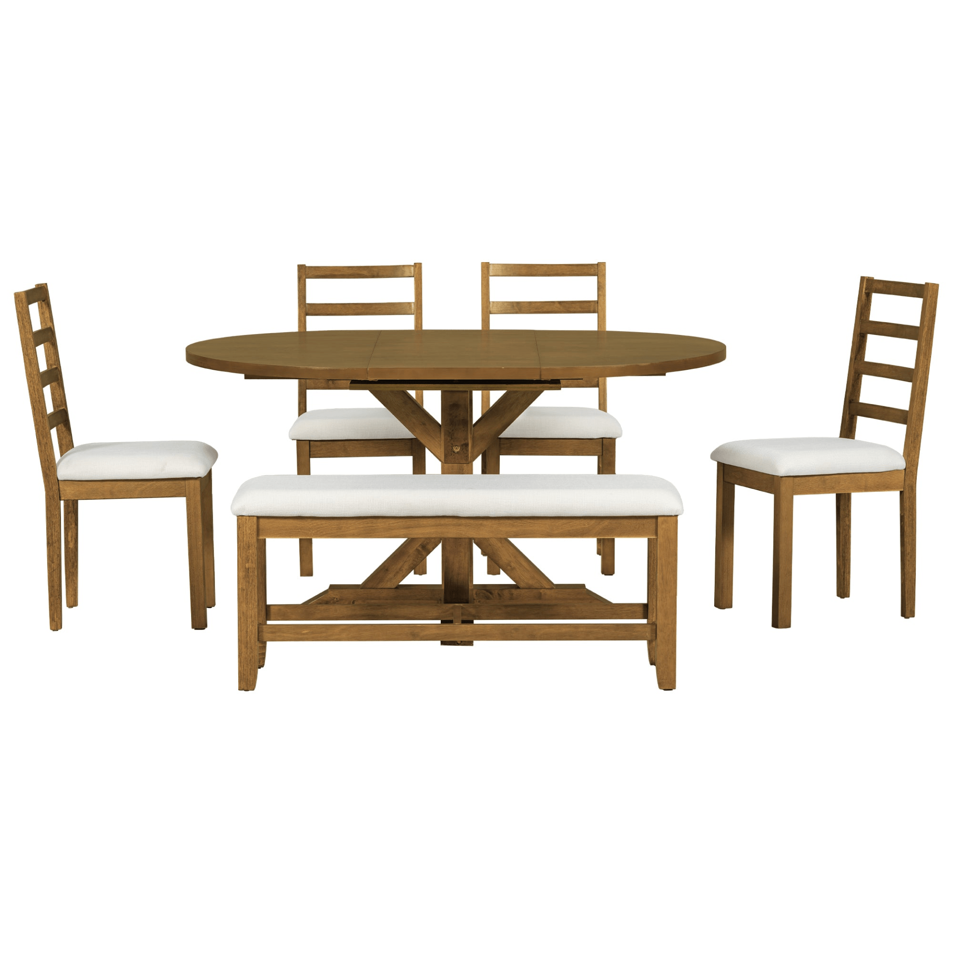 Farmhouse 6 - Piece Extendable Dining Table Set with Removable Leaf, Bench, and 4 Ladder Back Chairs, Dark Brown - CurtisJ Designs